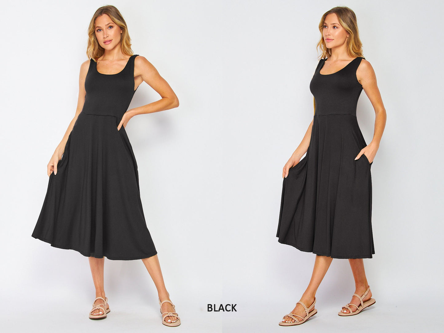 Flowy Sleeveless Midi Dress with Pockets - Lightweight, Breathable, Travel-Friendly - Custom Lengths Available