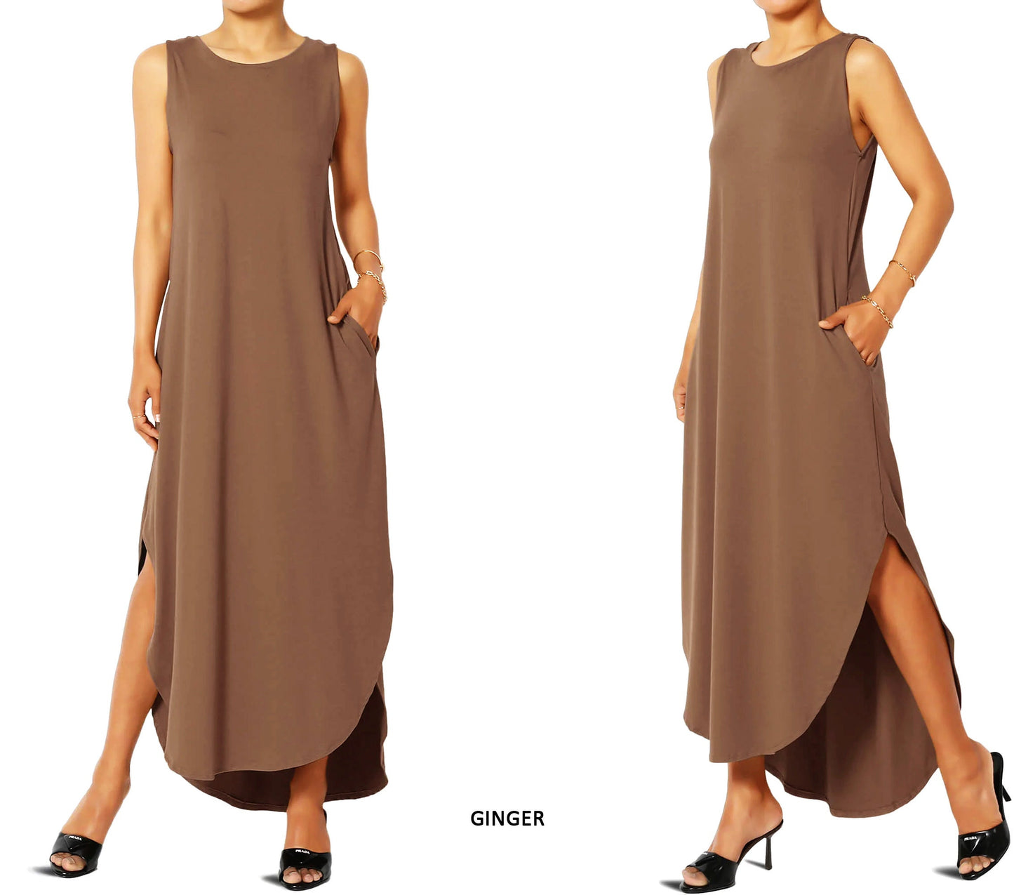 Sleeveless High and Low Curved Hem Dress with Pockets / Available in Plus size