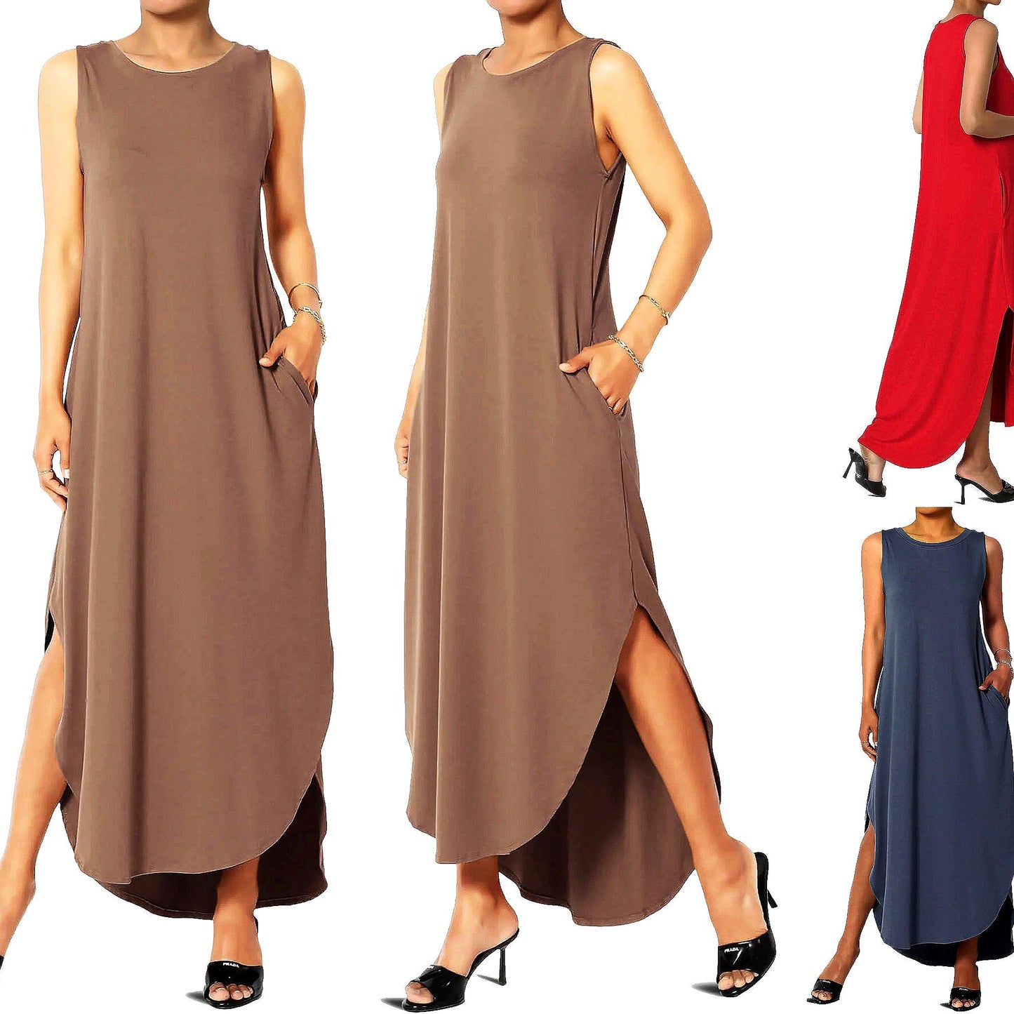 Sleeveless High and Low Curved Hem Dress with Pockets / Available in Plus size
