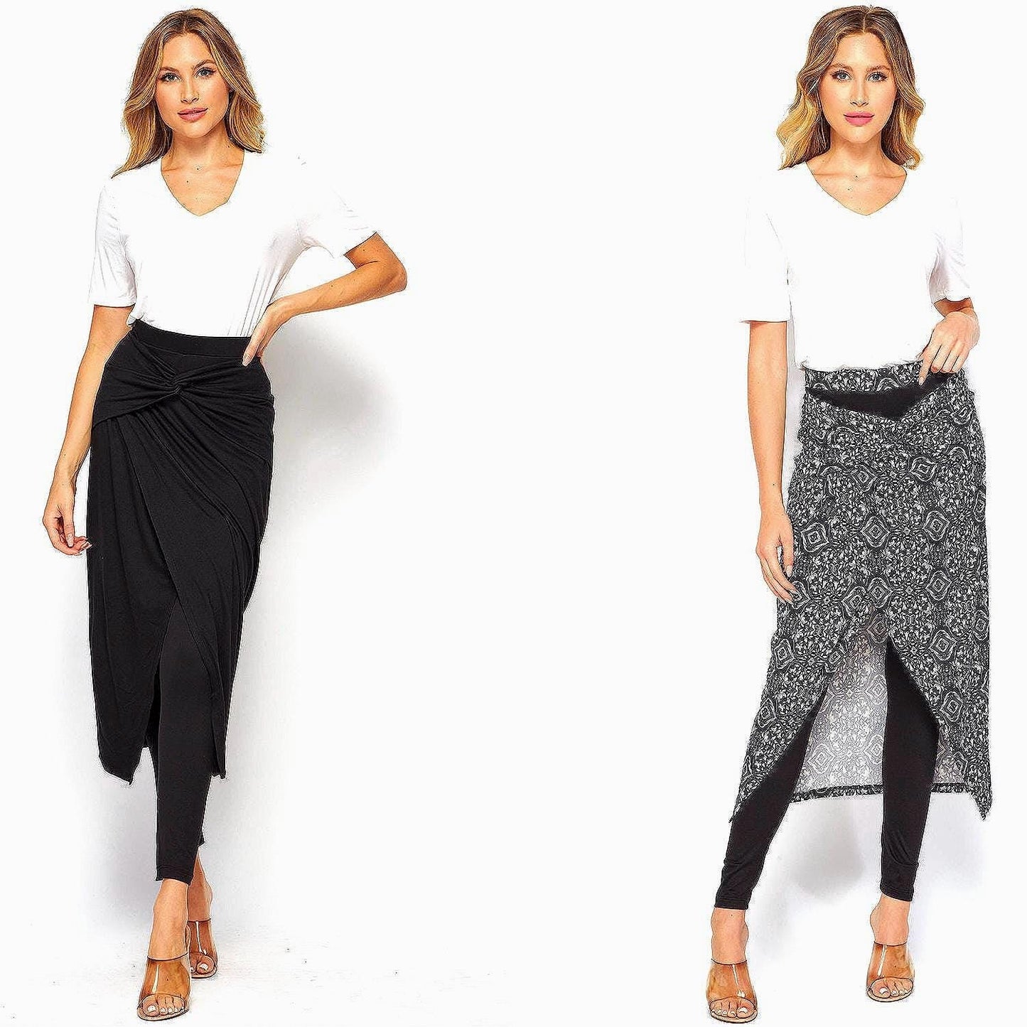 2 in 1 Faux Wrap Midi Skirted Leggings with Twisted Waist, Upcycled Fabrication, Available in Plus Size