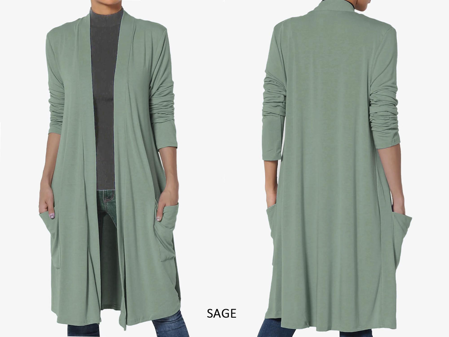 Knee Length Long Sleeve with Slouchy Pocket Cardigan / Custom made for Plus, Petite, Tall / Made in USA