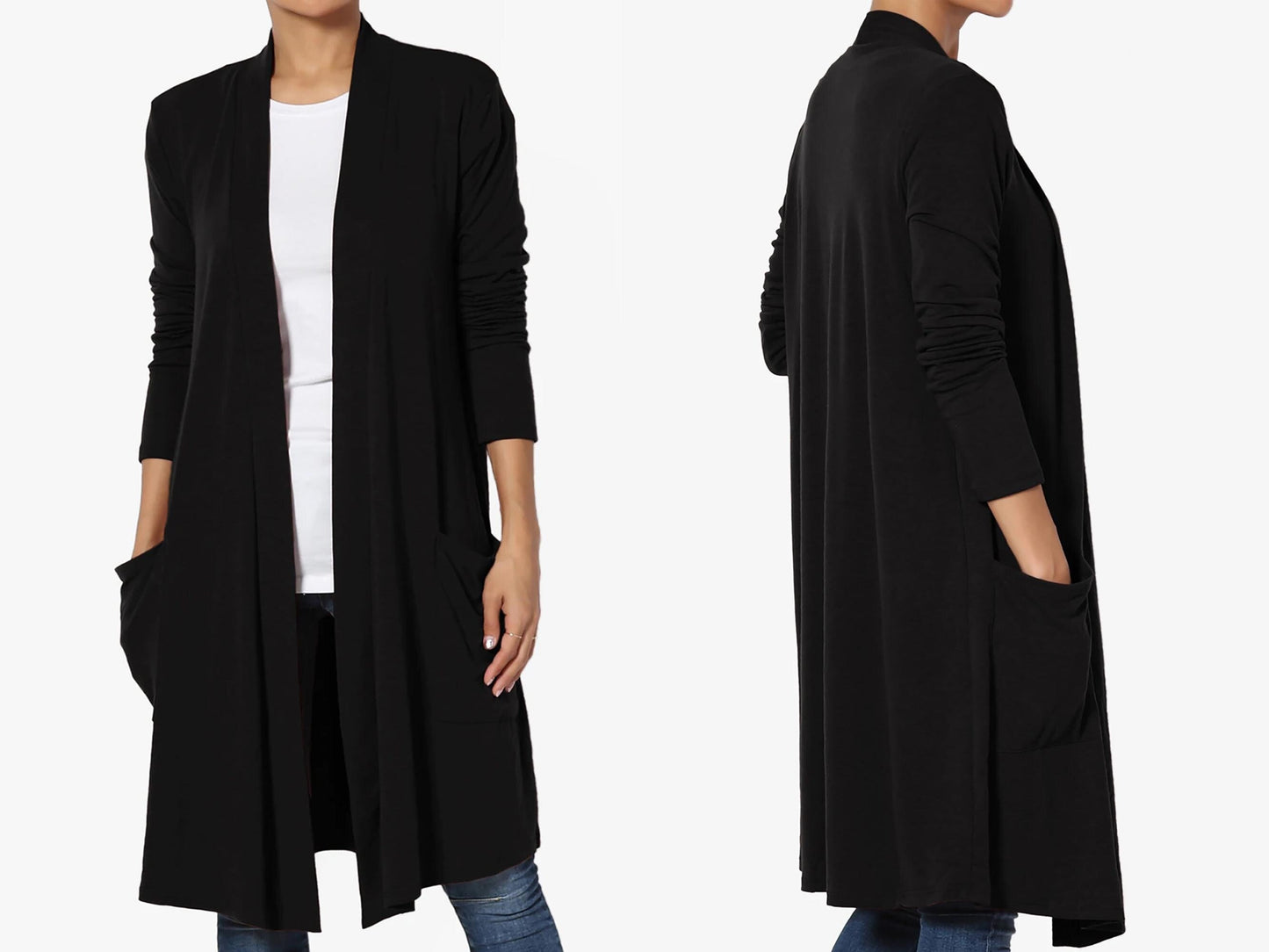 Knee Length Long Sleeve with Slouchy Pocket Cardigan / Custom made for Plus, Petite, Tall / Made in USA
