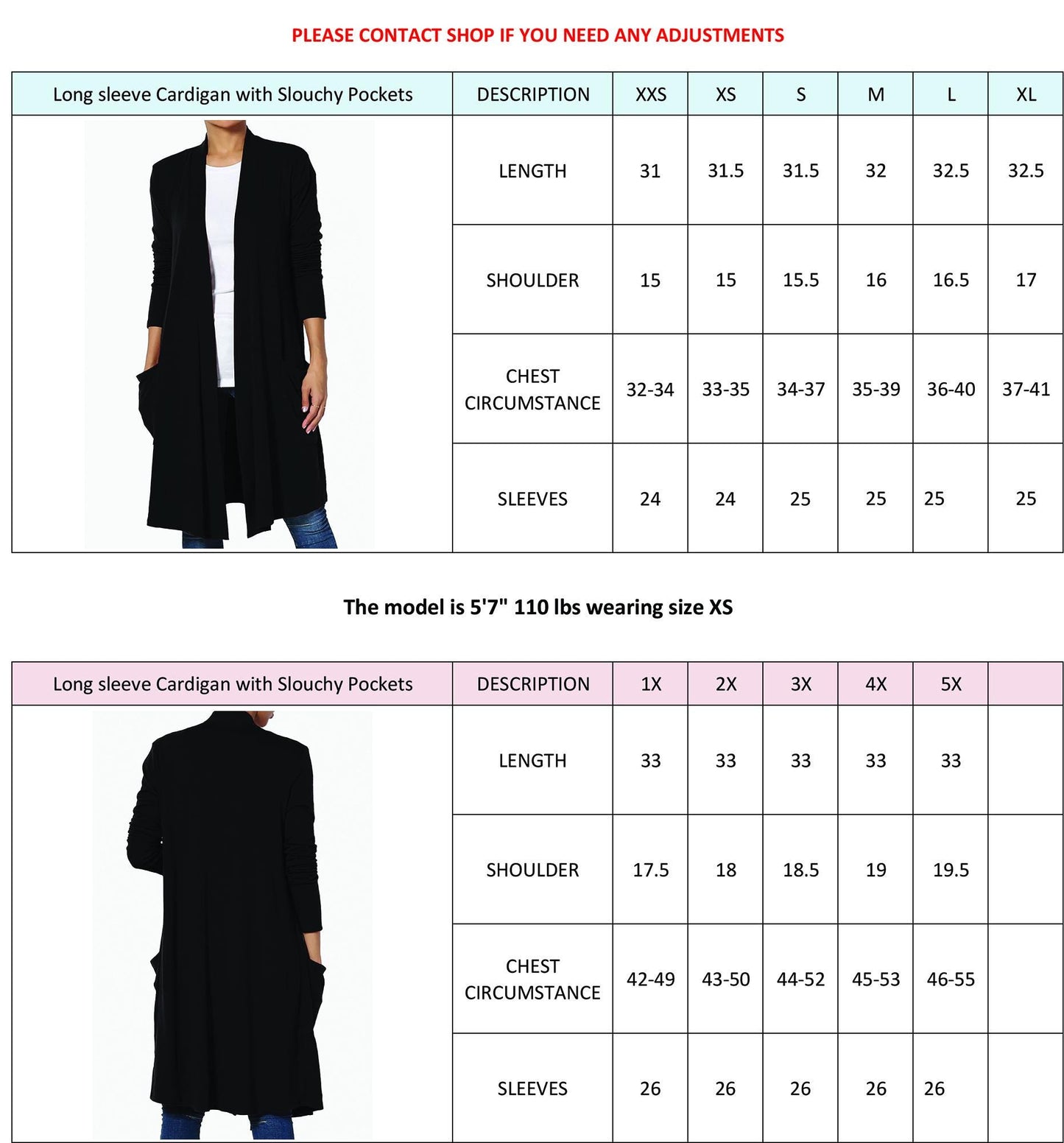 Knee Length Long Sleeve with Slouchy Pocket Cardigan / Custom made for Plus, Petite, Tall / Made in USA