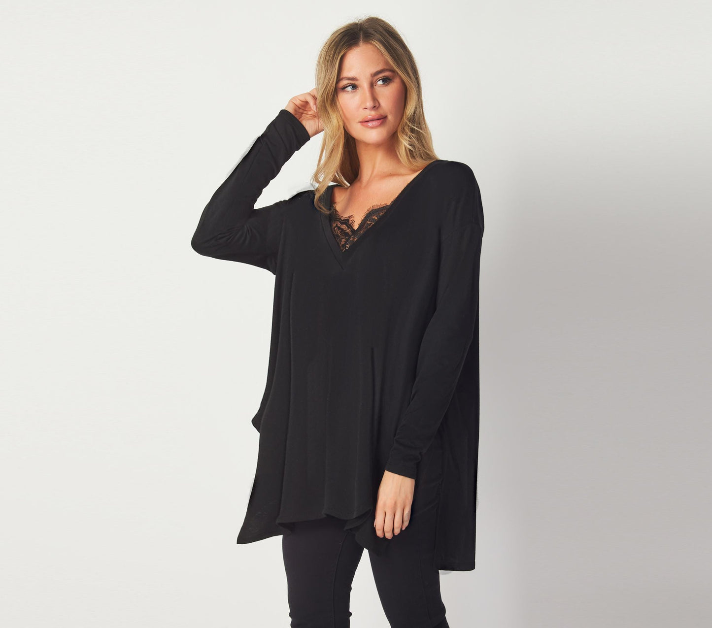 Oversized Hanky Hem Top with Delicate Lace Neckline – Boho Statement Blouse - Available in Petite, plus and tall. Handmade in USA