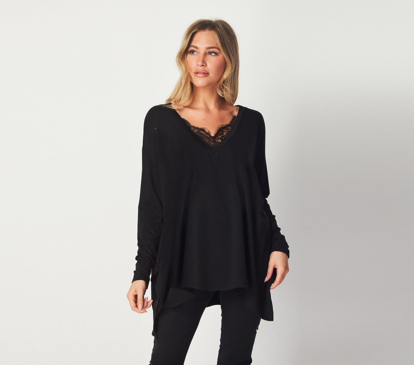 Oversized Hanky Hem Top with Delicate Lace Neckline – Boho Statement Blouse - Available in Petite, plus and tall. Handmade in USA