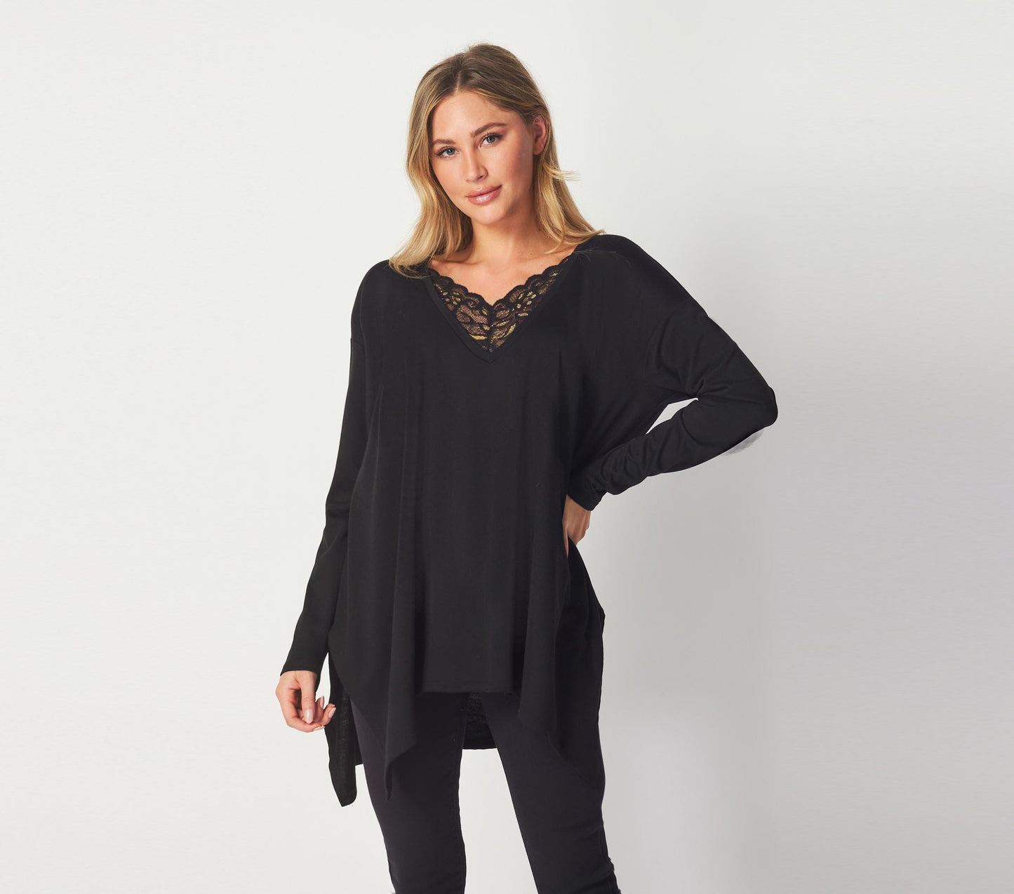 Oversized Hanky Hem Top with Delicate Lace Neckline – Boho Statement Blouse - Available in Petite, plus and tall. Handmade in USA