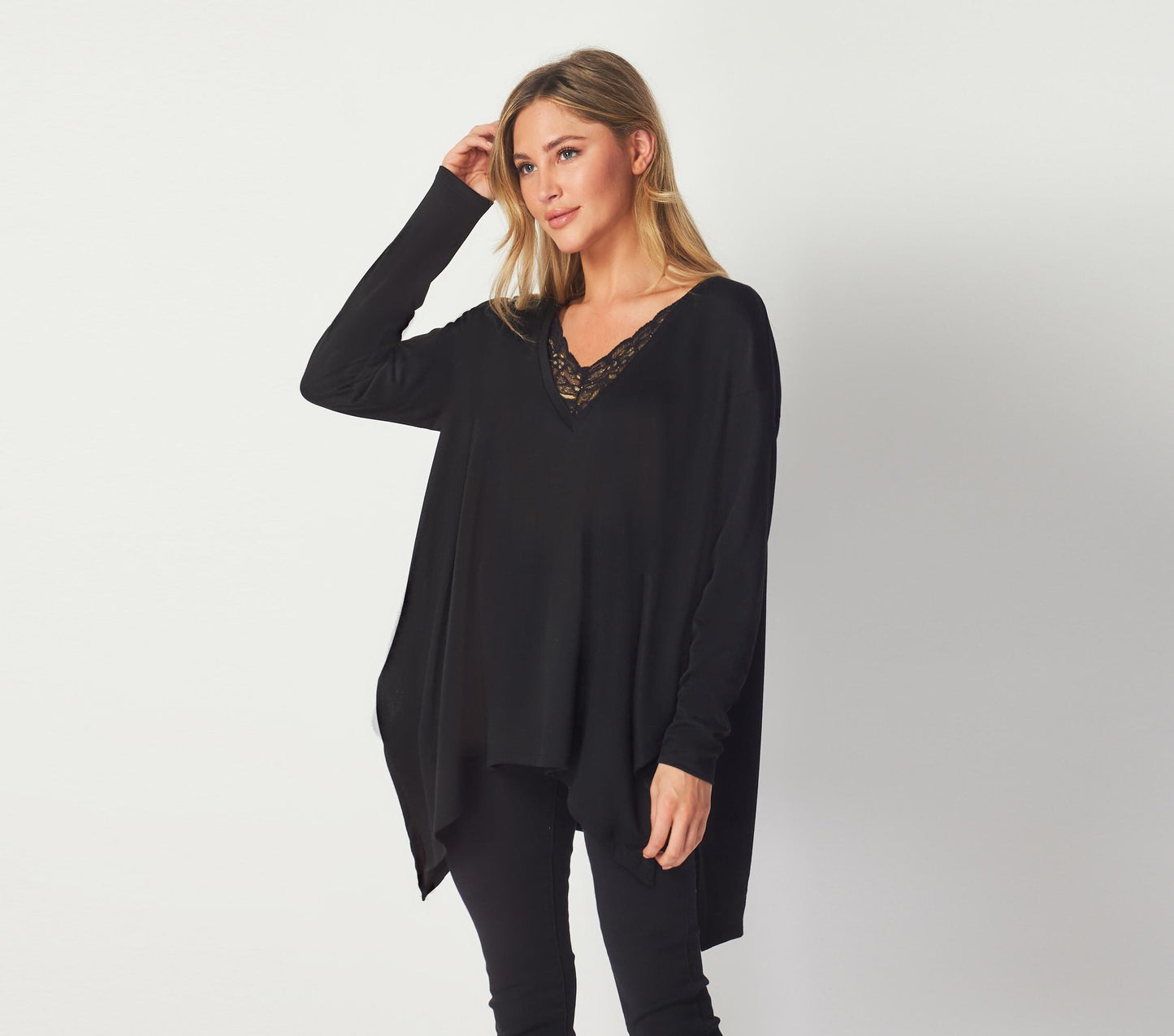Oversized Hanky Hem Top with Delicate Lace Neckline – Boho Statement Blouse - Available in Petite, plus and tall. Handmade in USA