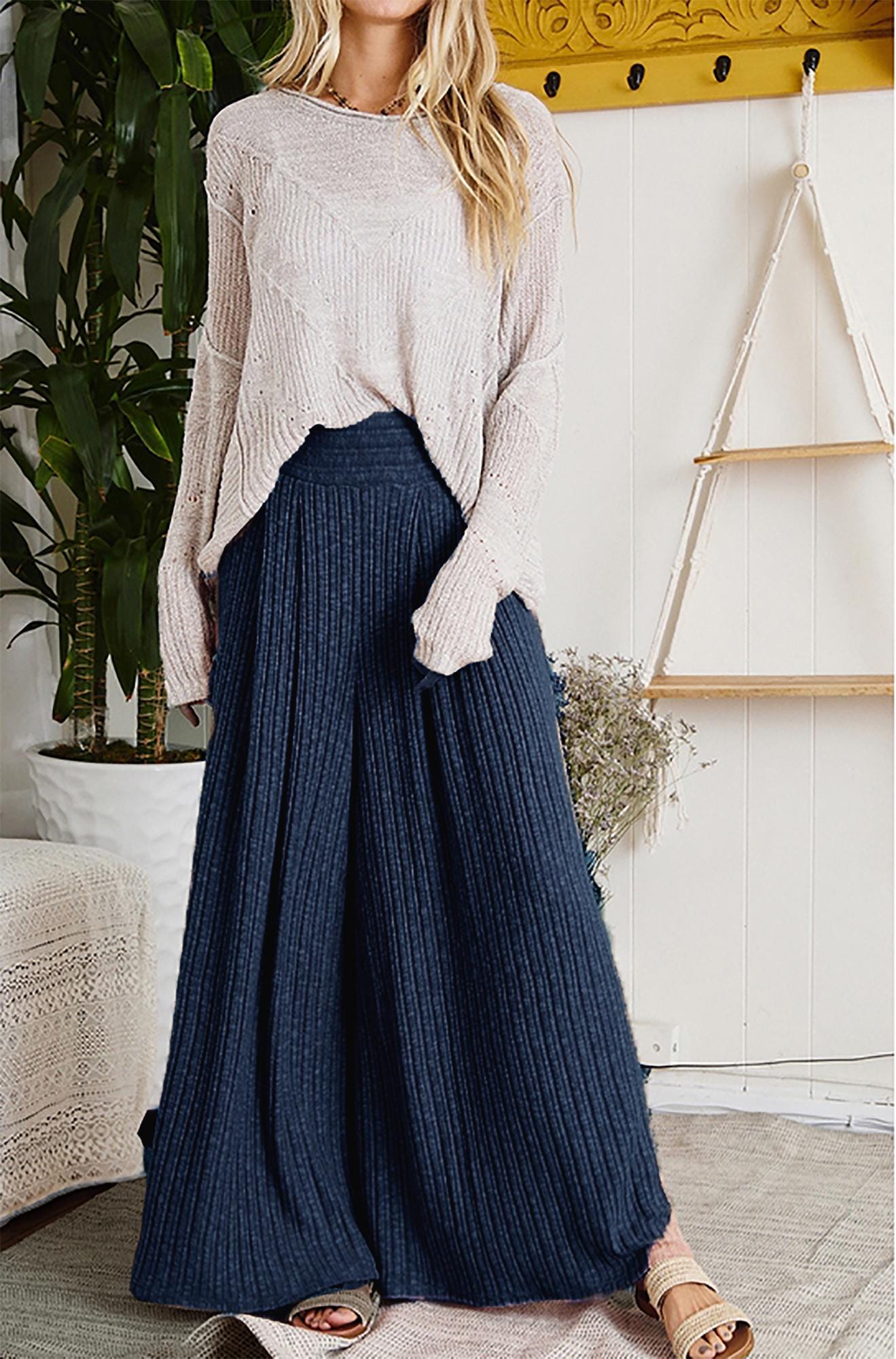Junie Custom Made High-Rise Wide Leg Knit Sweater Palazzo Pants with Pockets