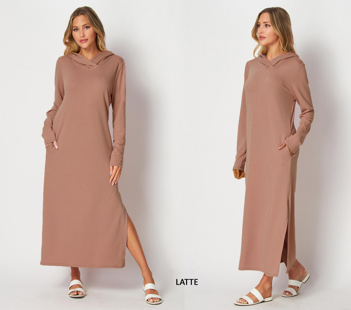 Hooded Maxi T-shirt Dress, Maxi Sweatshirt Pull On Dress - Custom made available for Petite, Plus, and Tall