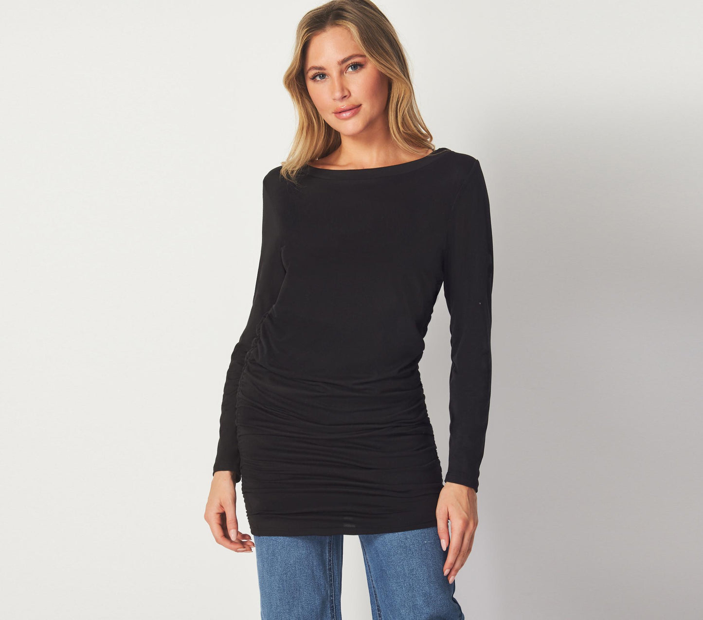 Black Ruched Long Sleeve Tunic Top – Slim Fit Lightweight Stretch Fabric for Casual and Layered Looks - Available in Petite, Plus, Tall