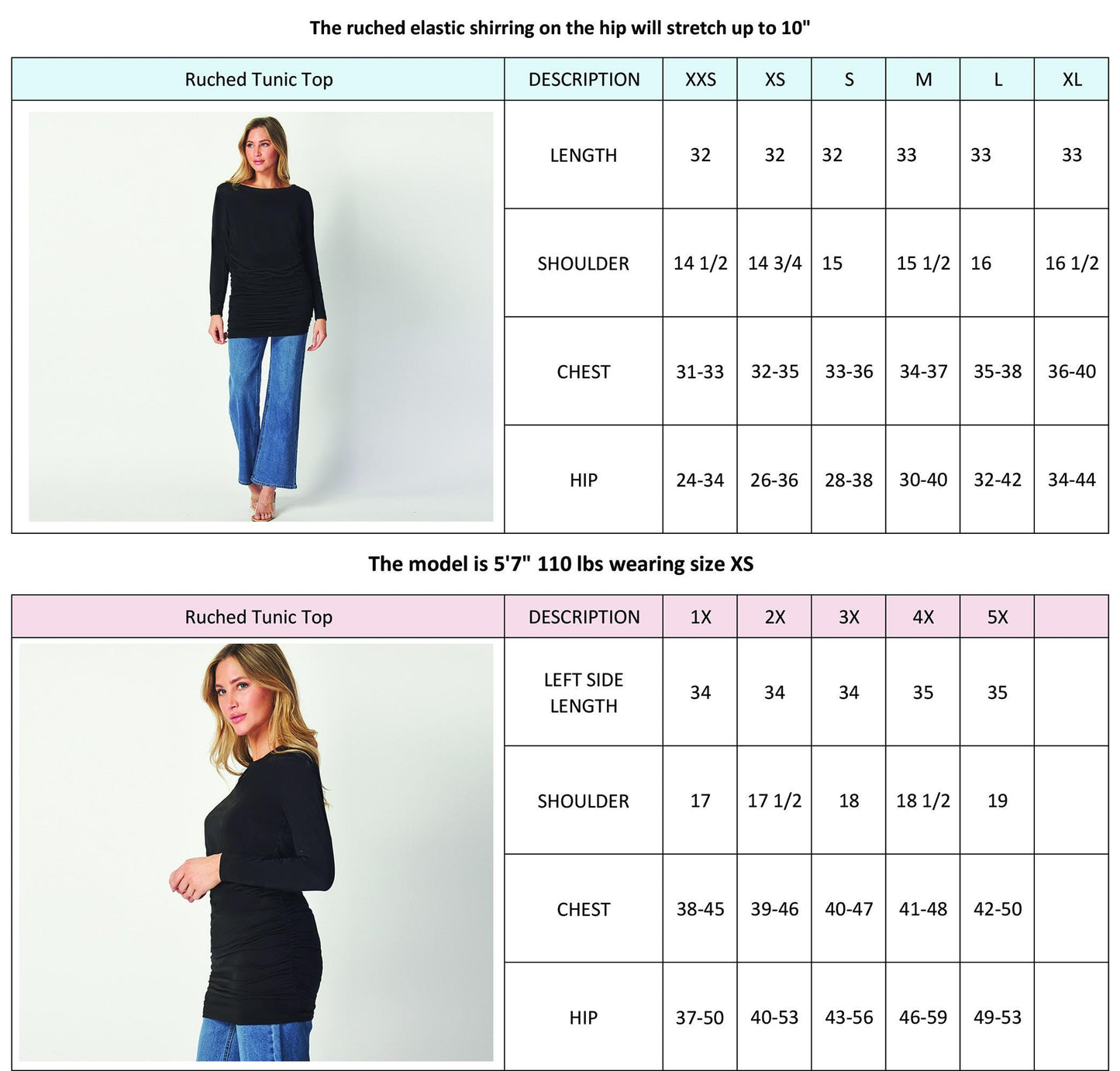 Black Ruched Long Sleeve Tunic Top – Slim Fit Lightweight Stretch Fabric for Casual and Layered Looks - Available in Petite, Plus, Tall