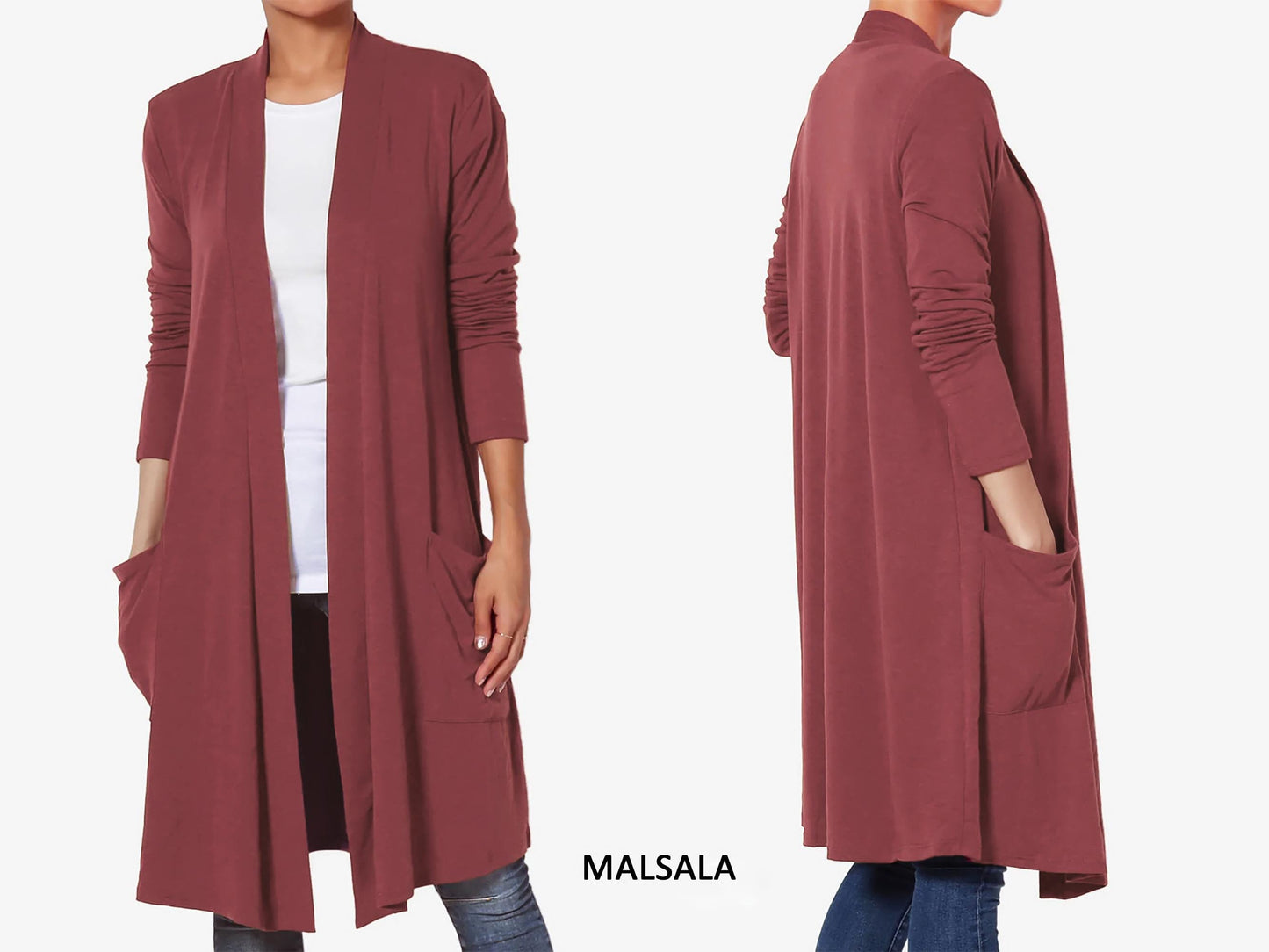 Knee Length Long Sleeve with Slouchy Pocket Cardigan / Custom made for Plus, Petite, Tall / Made in USA