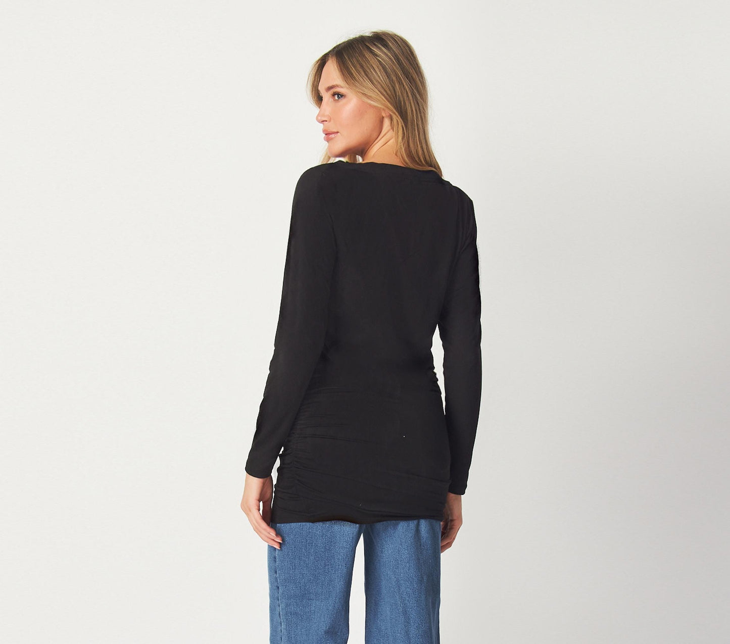 Black Ruched Long Sleeve Tunic Top – Slim Fit Lightweight Stretch Fabric for Casual and Layered Looks - Available in Petite, Plus, Tall