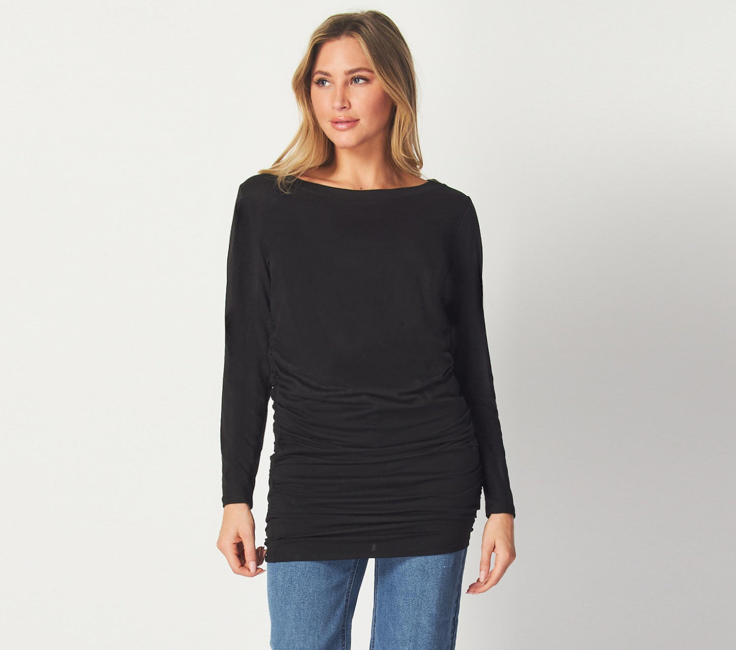 Black Ruched Long Sleeve Tunic Top – Slim Fit Lightweight Stretch Fabric for Casual and Layered Looks - Available in Petite, Plus, Tall