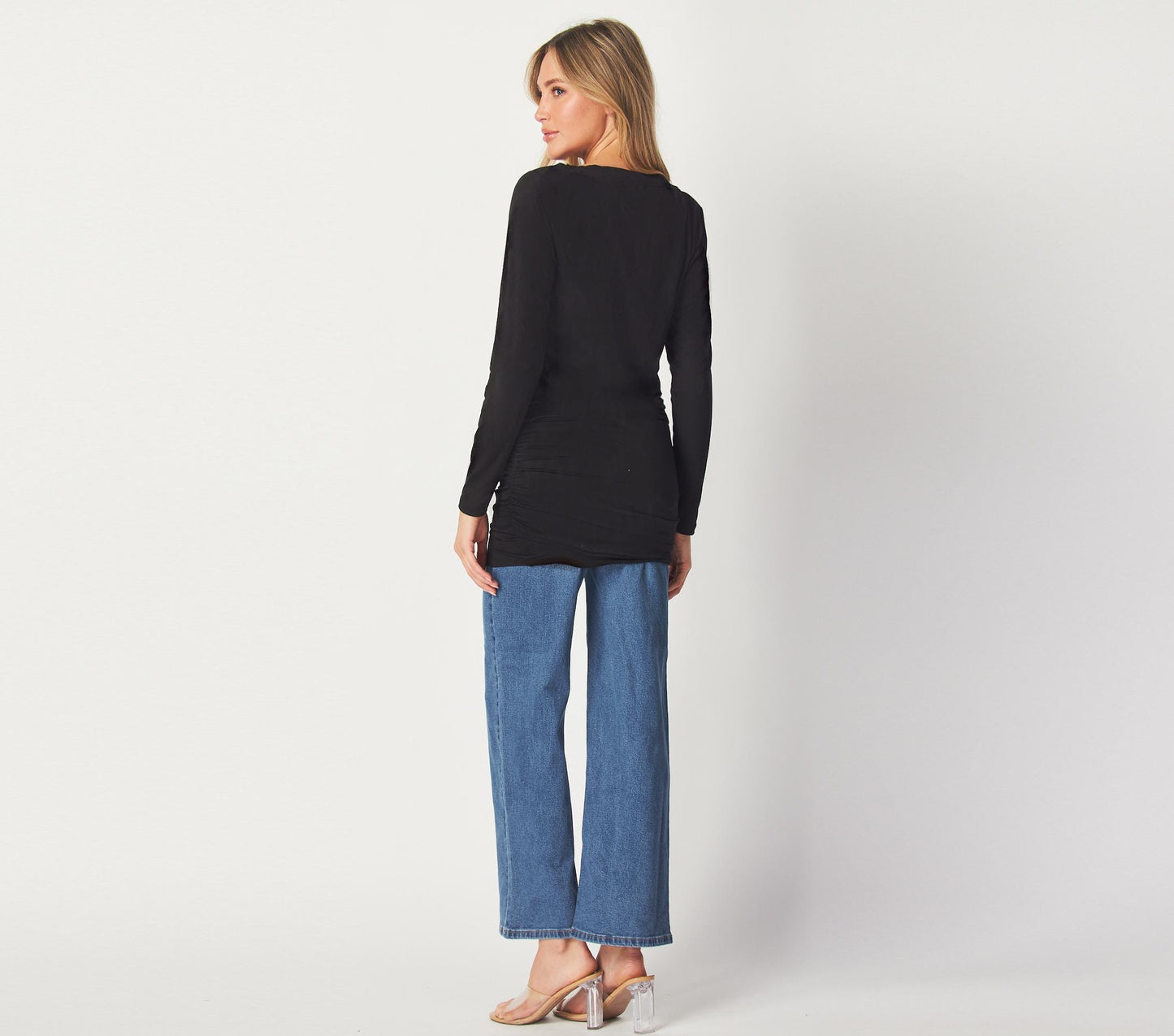 Black Ruched Long Sleeve Tunic Top – Slim Fit Lightweight Stretch Fabric for Casual and Layered Looks - Available in Petite, Plus, Tall