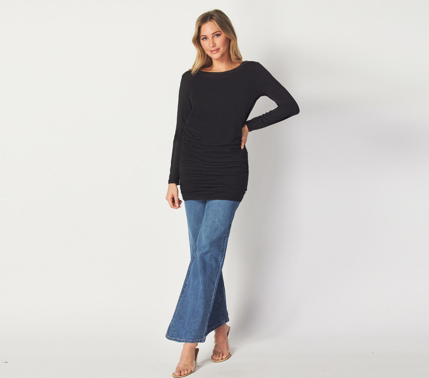 Black Ruched Long Sleeve Tunic Top – Slim Fit Lightweight Stretch Fabric for Casual and Layered Looks - Available in Petite, Plus, Tall