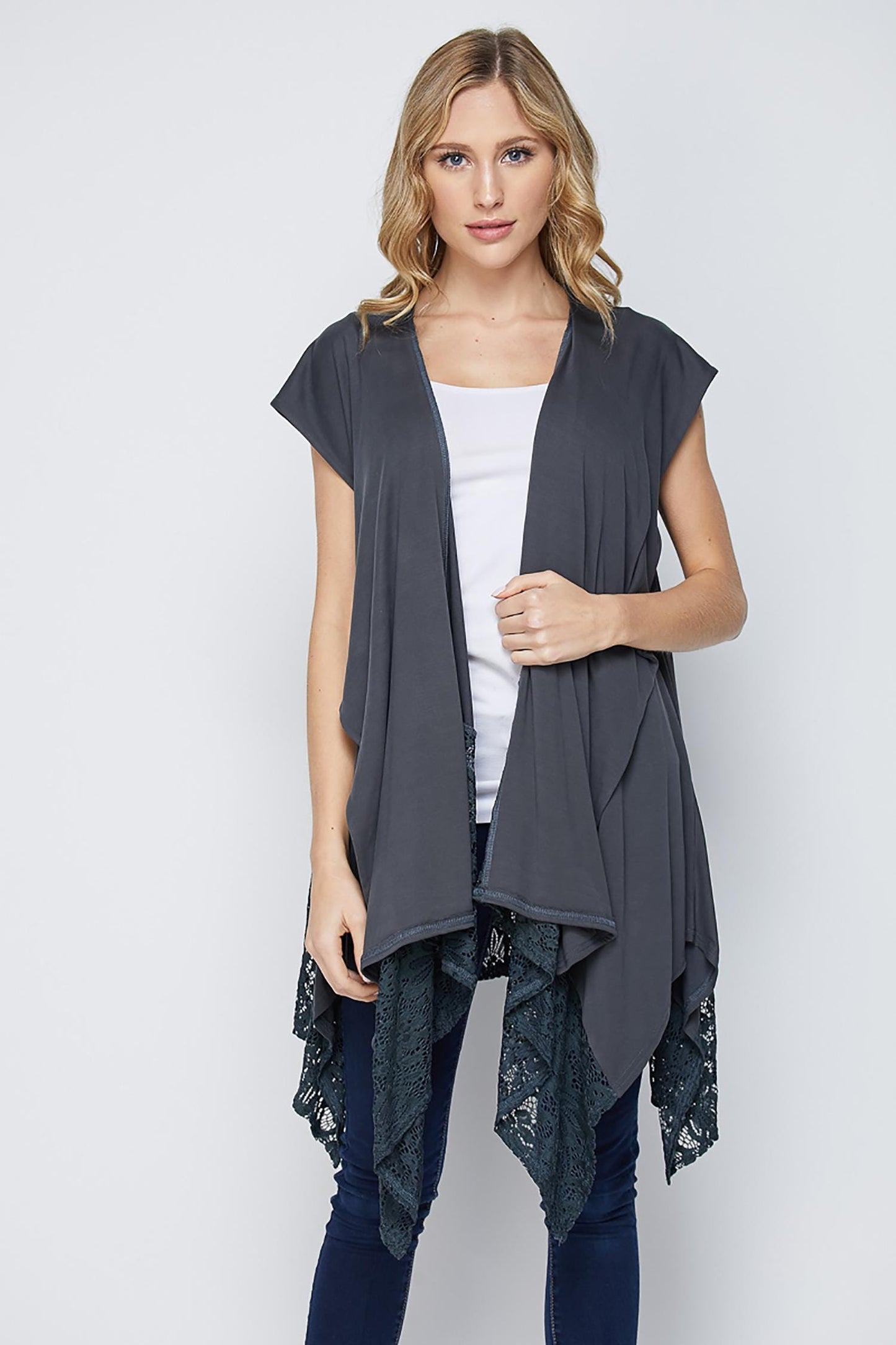 Women's Open Front Drape Vest with Lace Trim – Sleeveless Boho Cardigan, Lightweight Layering Piece