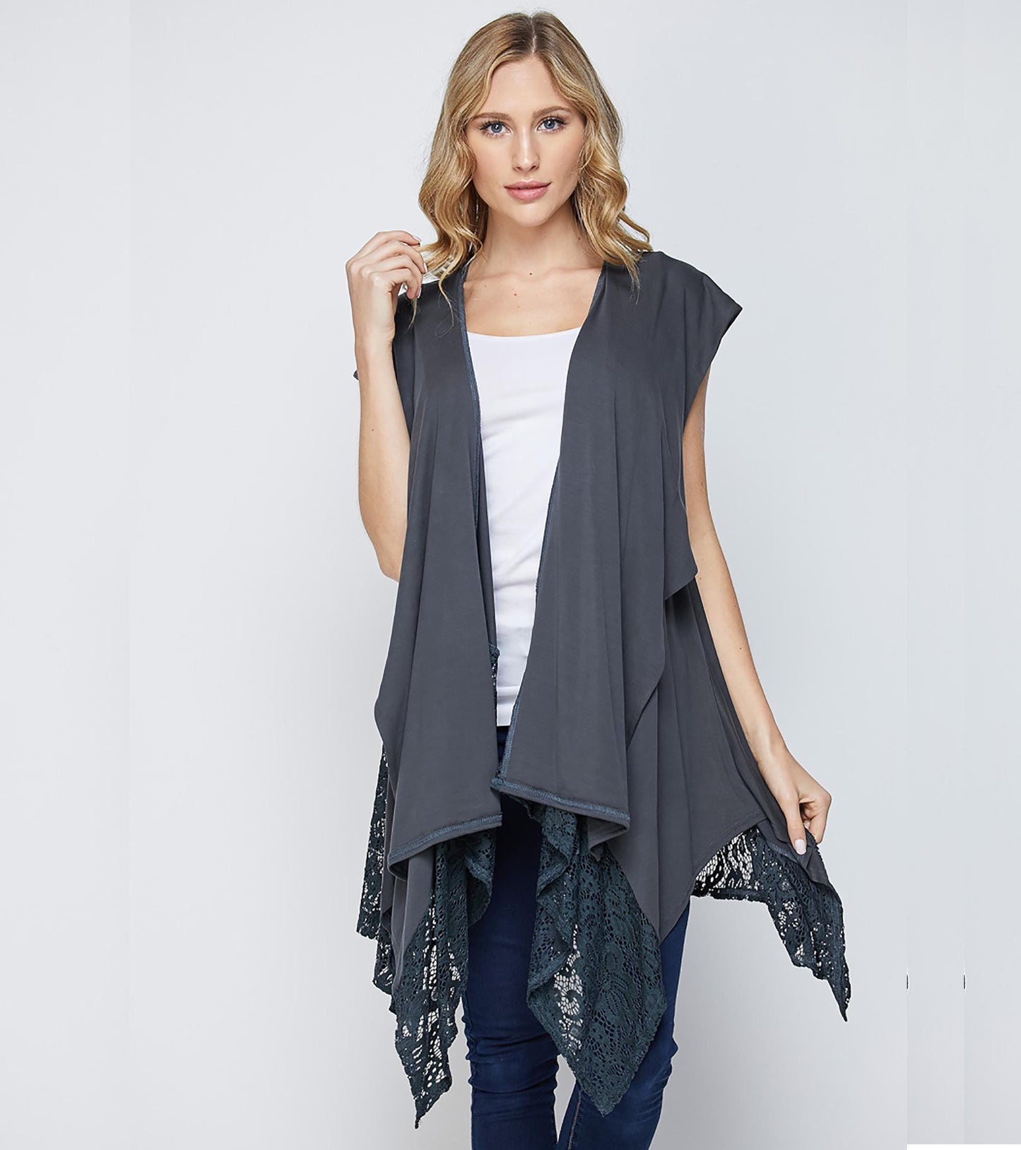 Women's Open Front Drape Vest with Lace Trim – Sleeveless Boho Cardigan, Lightweight Layering Piece