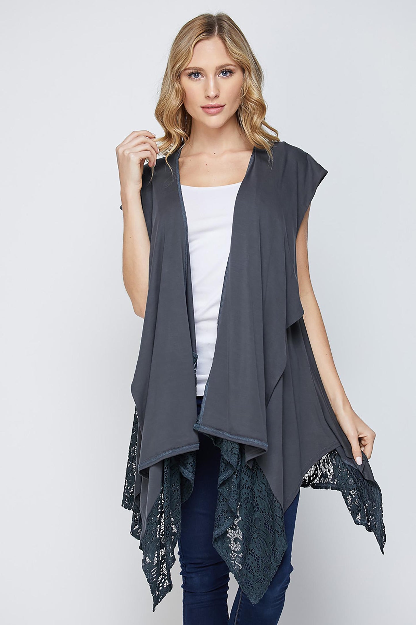 Women's Open Front Drape Vest with Lace Trim – Sleeveless Boho Cardigan, Lightweight Layering Piece