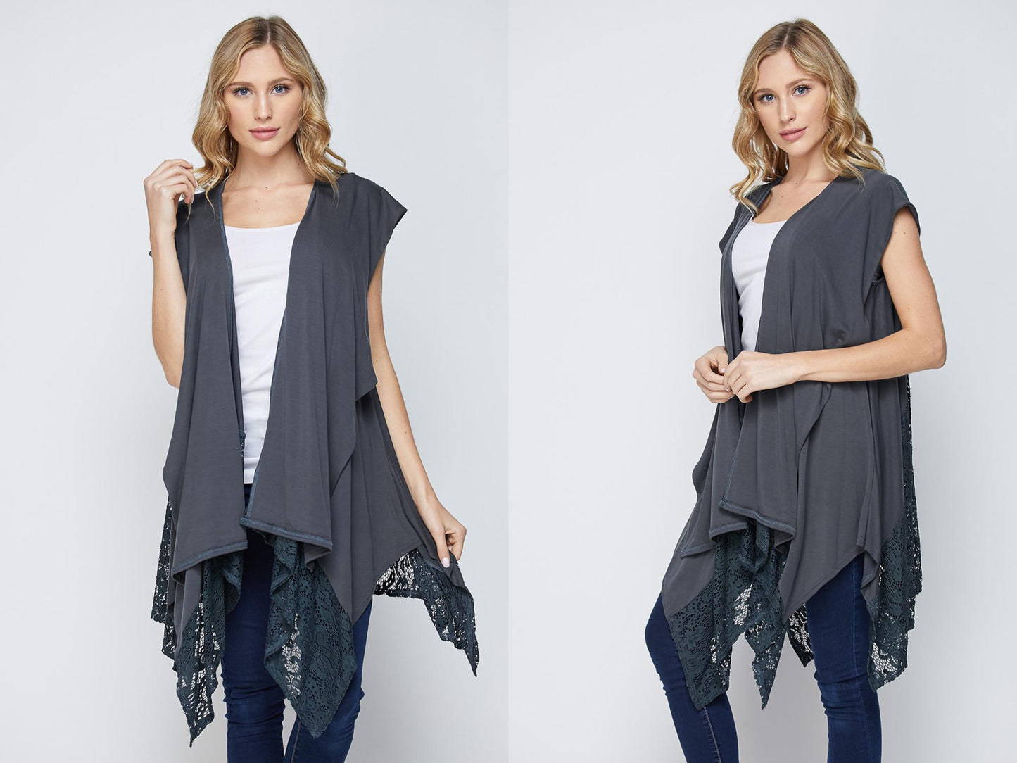 Women's Open Front Drape Vest with Lace Trim – Sleeveless Boho Cardigan, Lightweight Layering Piece