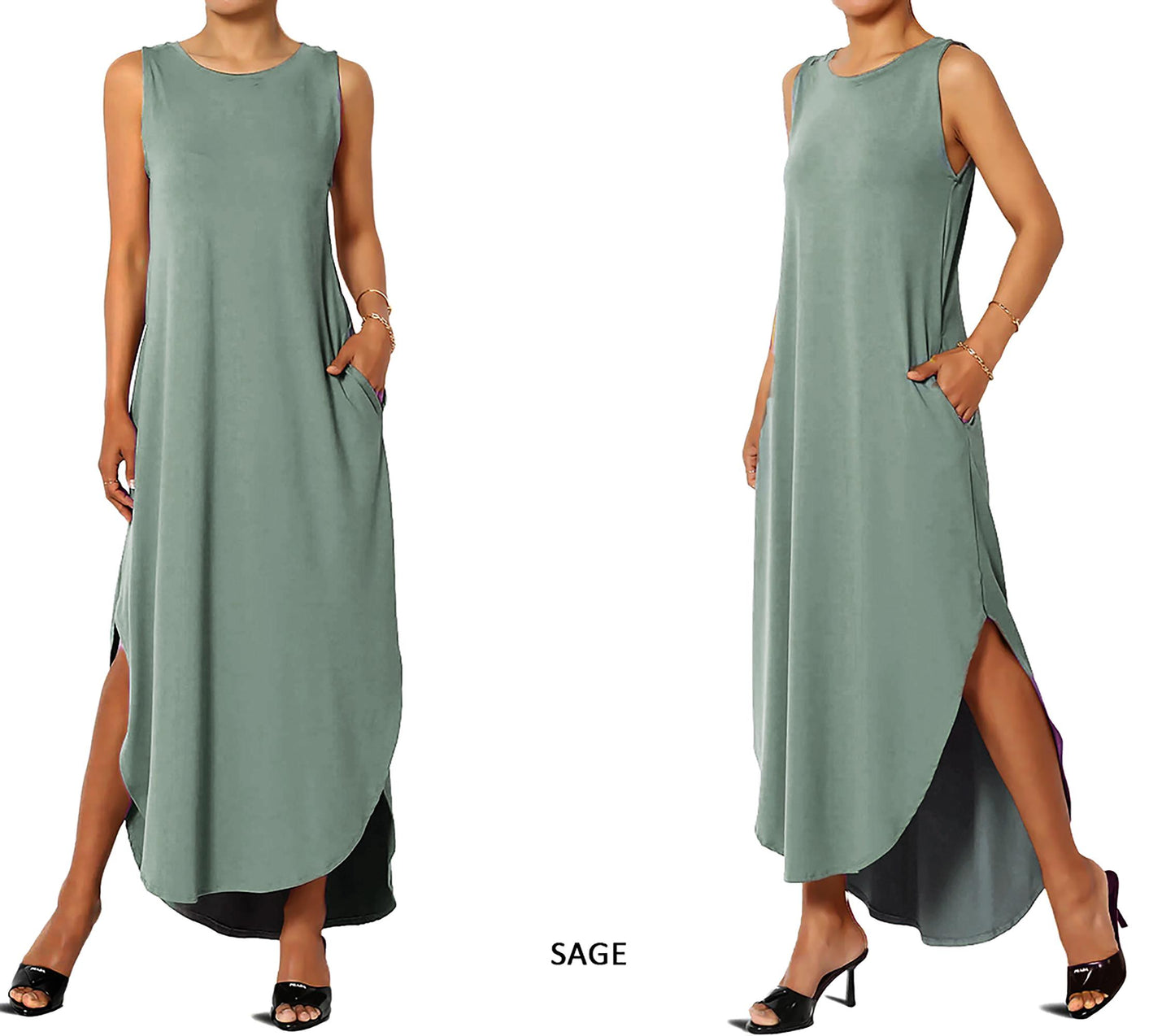 Sleeveless High and Low Curved Hem Dress with Pockets / Available in Plus size