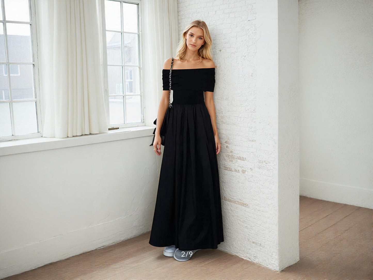 Off-Shoulder Cotton Maxi Dress – High Waist, Pockets, Custom Petite & Tall Fit