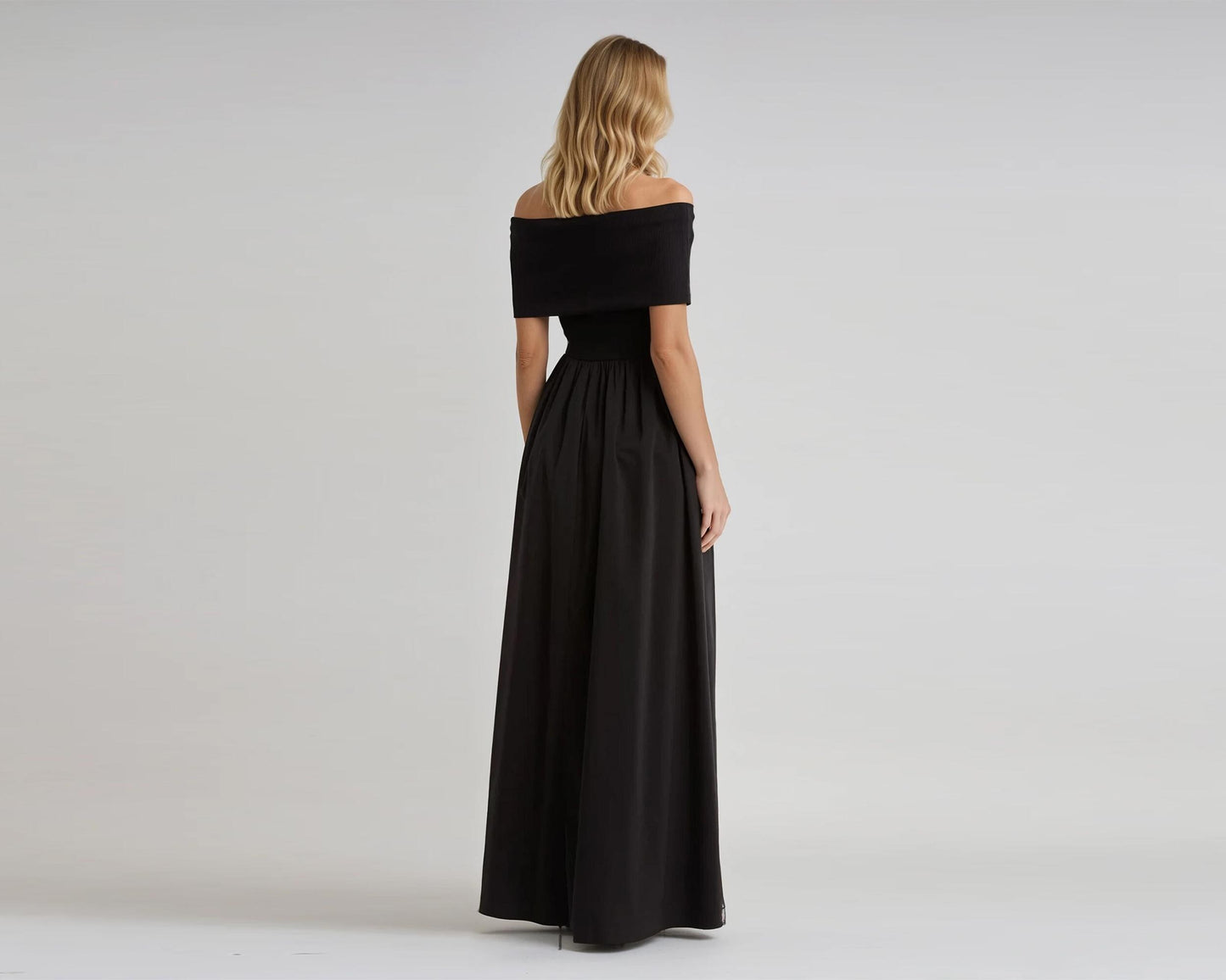 Off-Shoulder Cotton Maxi Dress – High Waist, Pockets, Custom Petite & Tall Fit