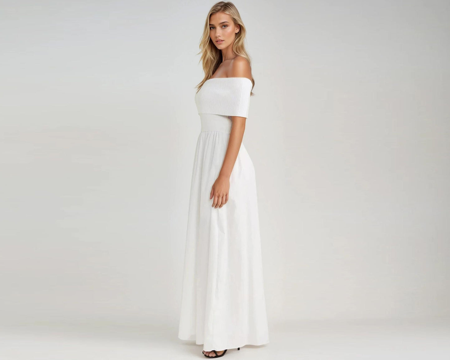 Off-Shoulder Cotton Maxi Dress – High Waist, Pockets, Custom Petite & Tall Fit