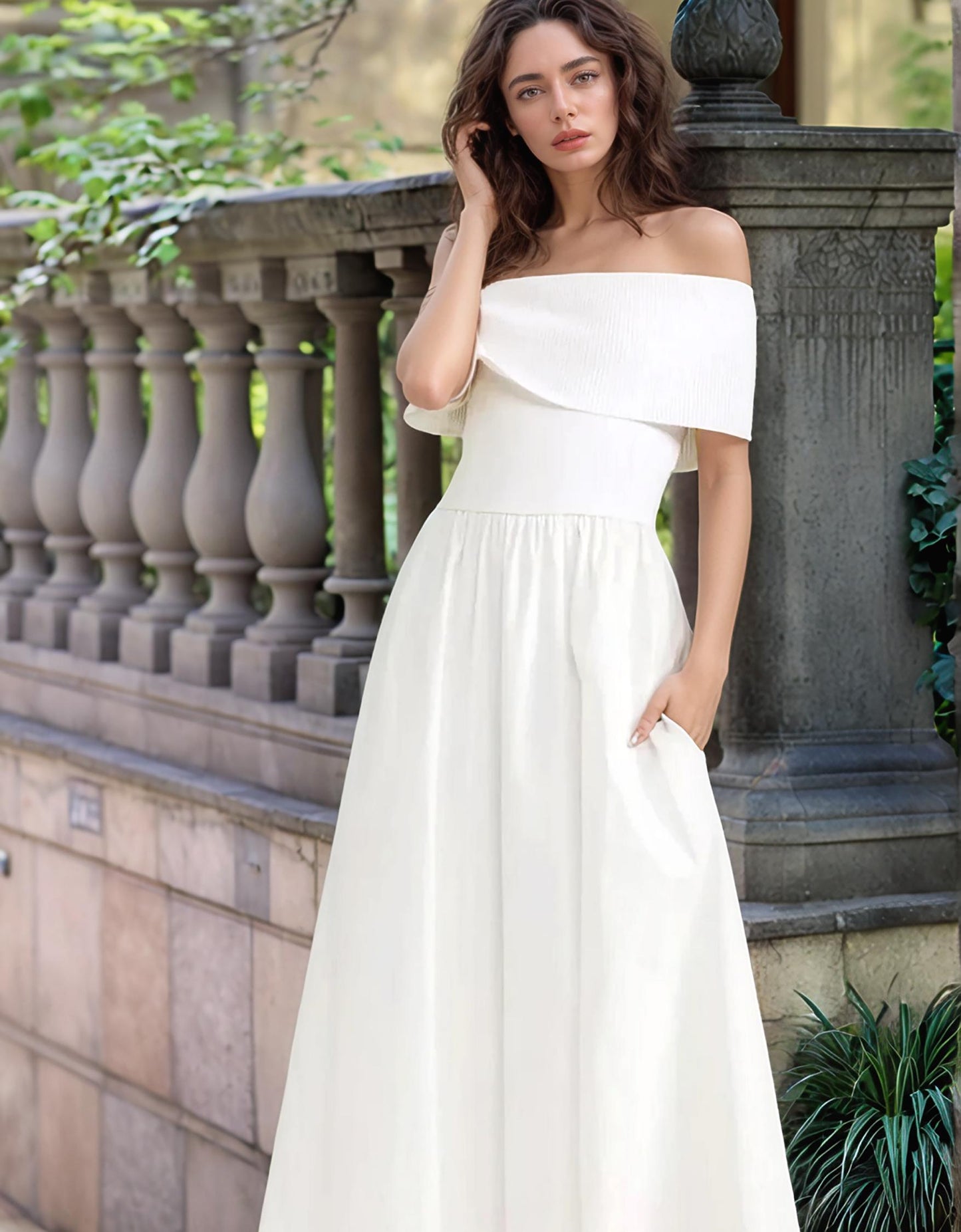 Off-Shoulder Cotton Maxi Dress – High Waist, Pockets, Custom Petite & Tall Fit
