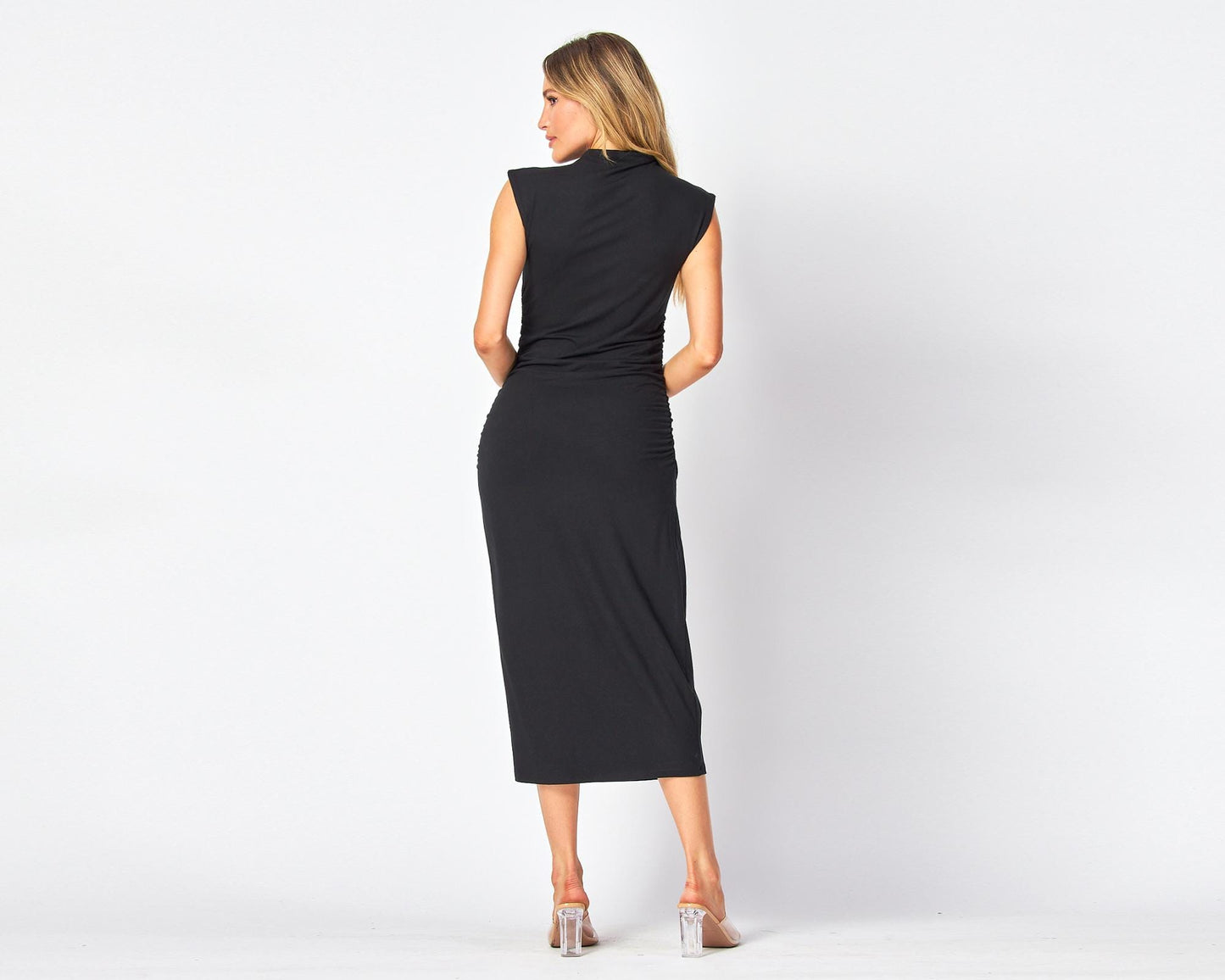 Chic Black Midi Dress with Shirred Ruched Waist – A Perfect Blend of Comfort and Style - Available in Petite, Plus and Tall - Made in USA