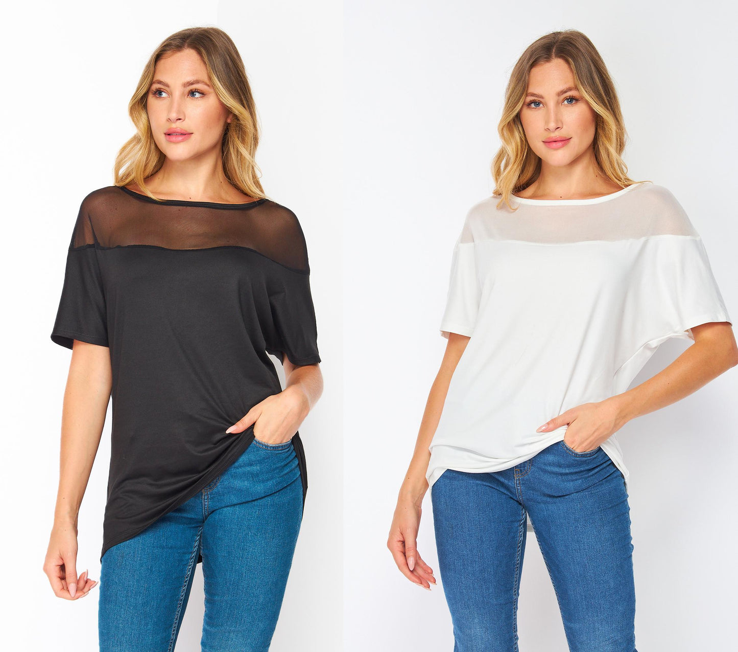 Mesh Yoke Loose Fit Dolman Sleeve Knit Top / Available in Plus Size