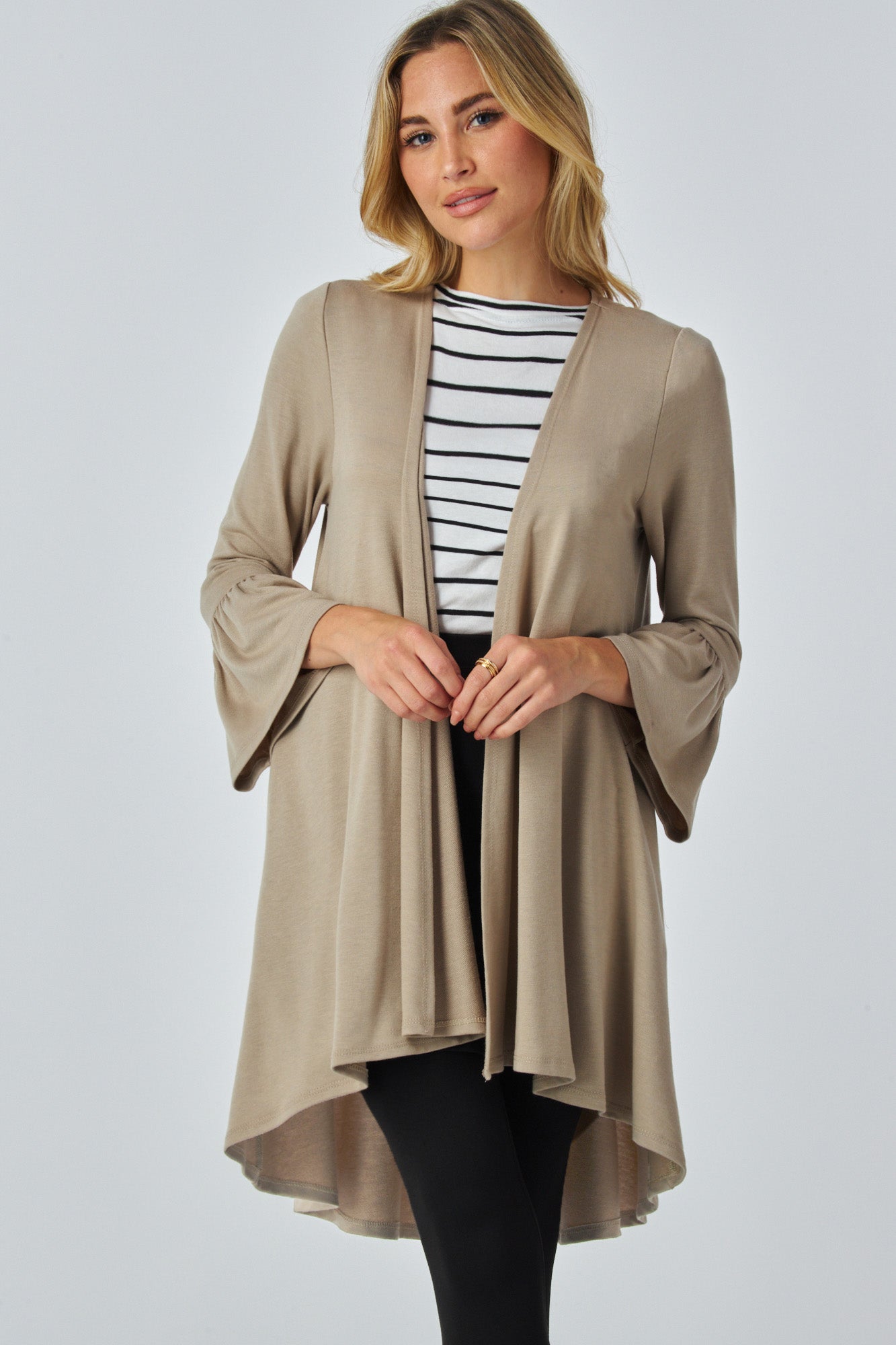 Custom Pocket High and Low Cardigan with Flared Sleeves – Buttery Soft, Wrinkle-Free & Travel Ready – Petite, Tall, Plus Size, Handmade