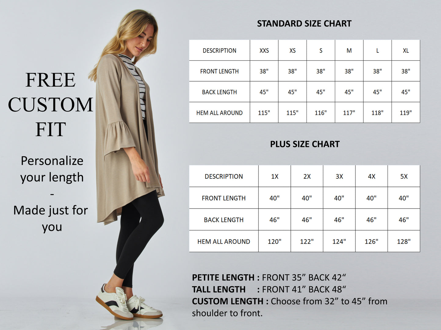 Custom Pocket High and Low Cardigan with Flared Sleeves – Buttery Soft, Wrinkle-Free & Travel Ready – Petite, Tall, Plus Size, Handmade