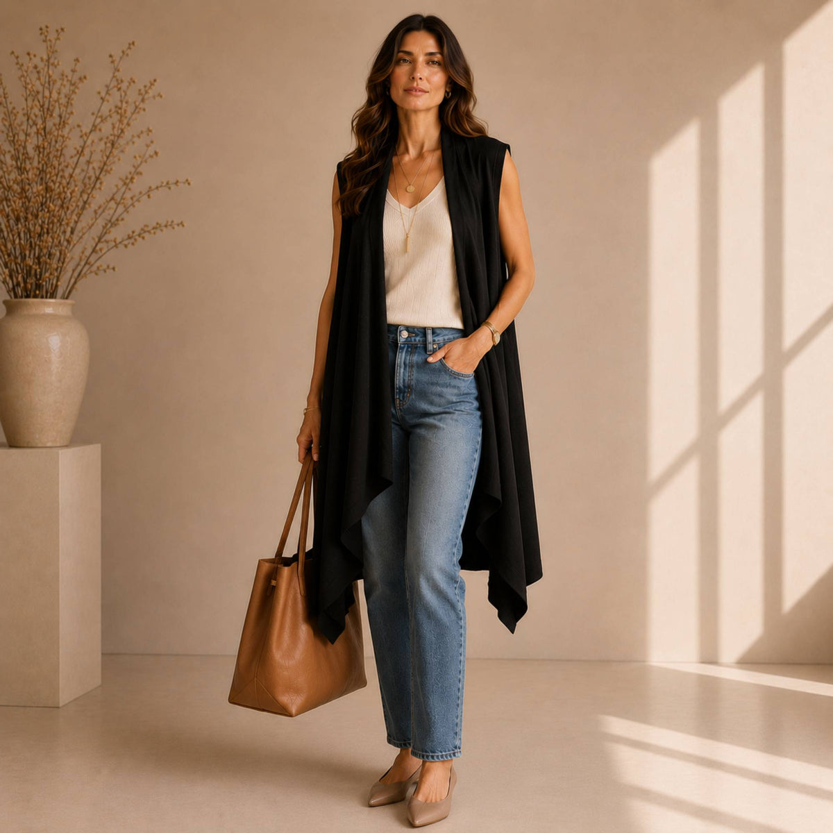 Upcycled Draped Sleeveless Cardigan Vest with Pockets / Plus Sized Vest / Buttery Soft Duster