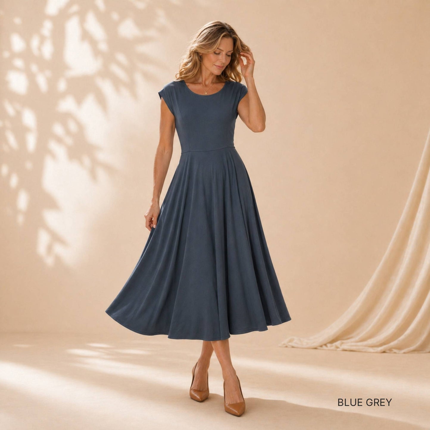 Flowy Cap Sleeve Midi Dress with Pockets