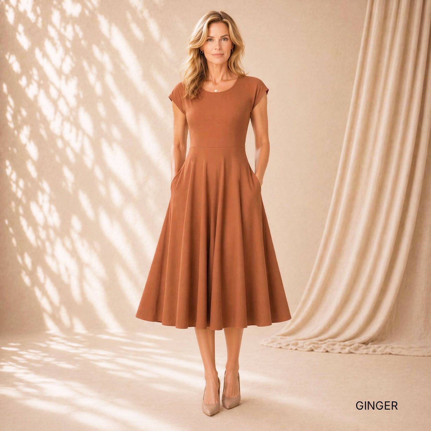 Flowy Cap Sleeve Midi Dress with Pockets