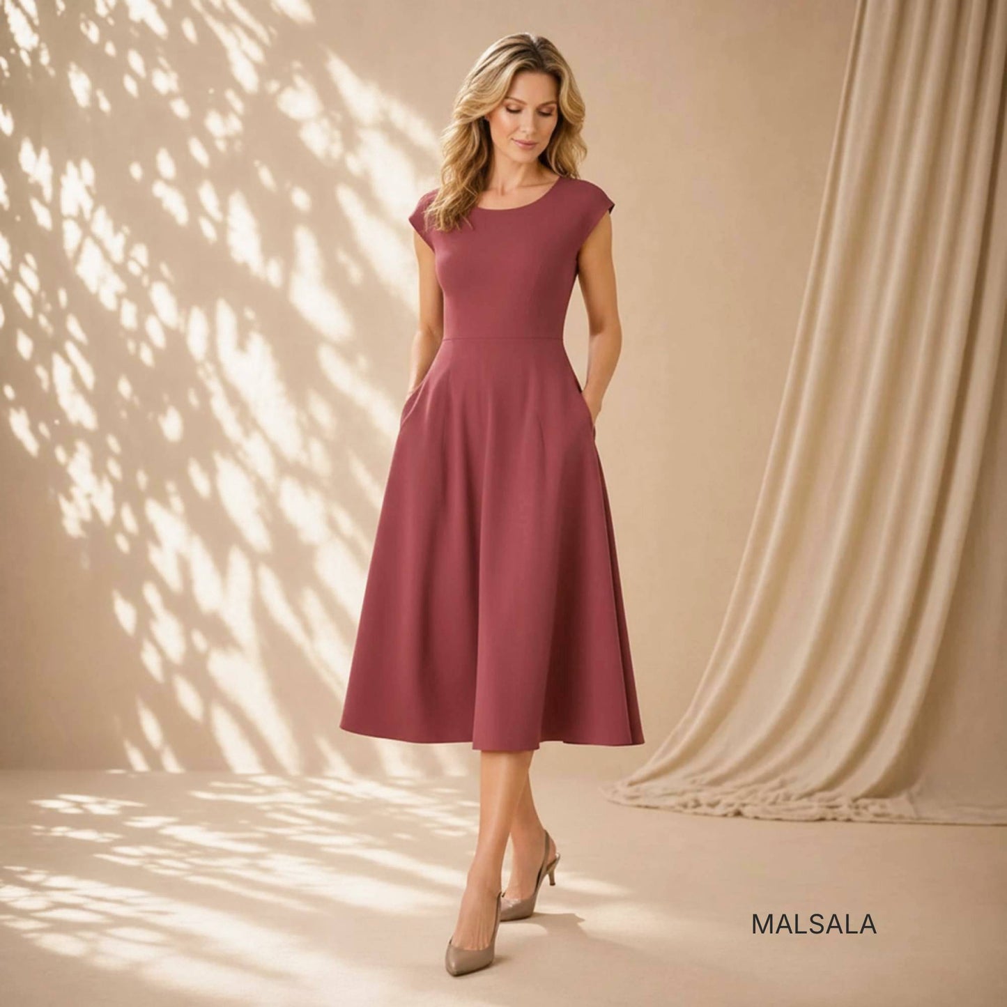 Flowy Cap Sleeve Midi Dress with Pockets