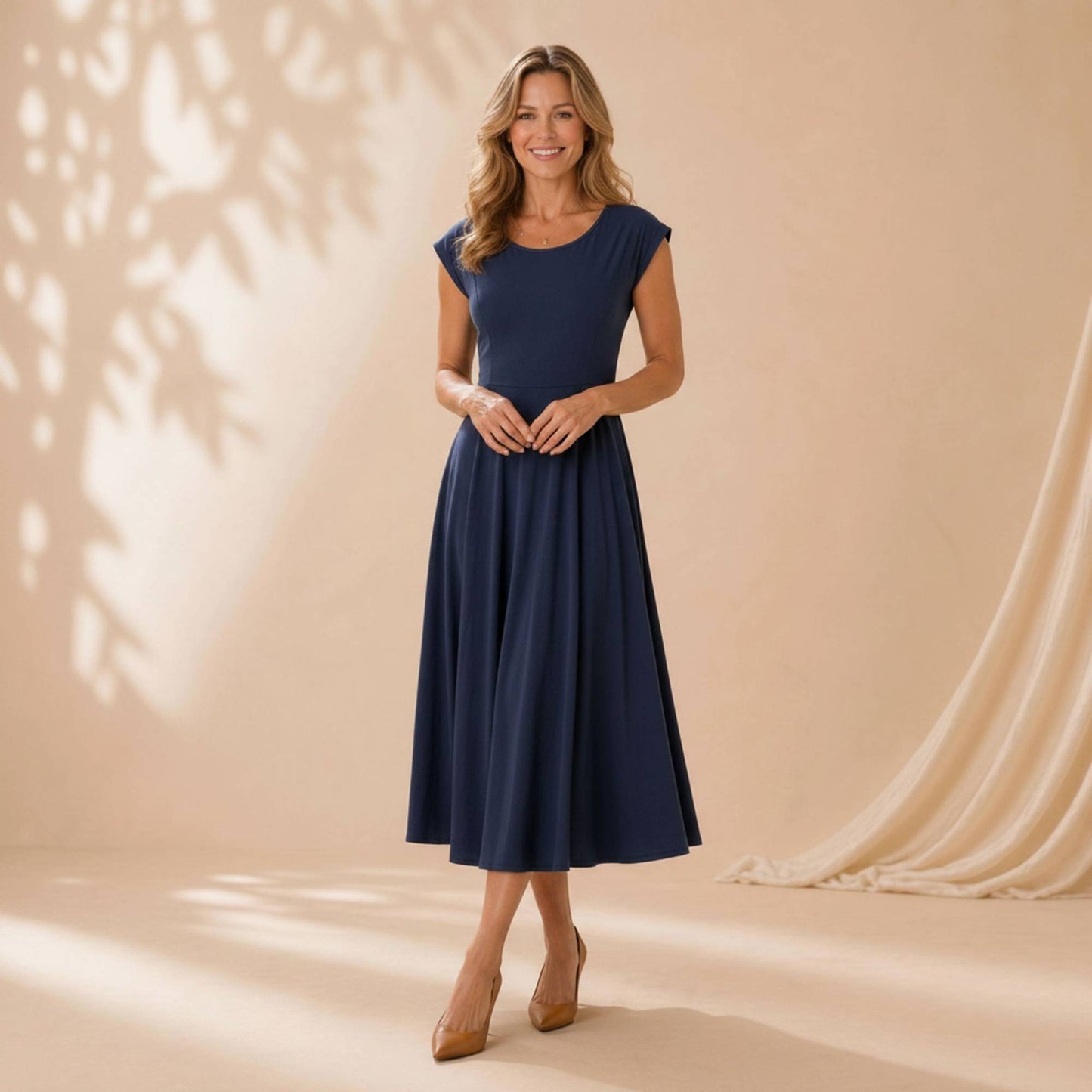 Flowy Cap Sleeve Midi Dress with Pockets