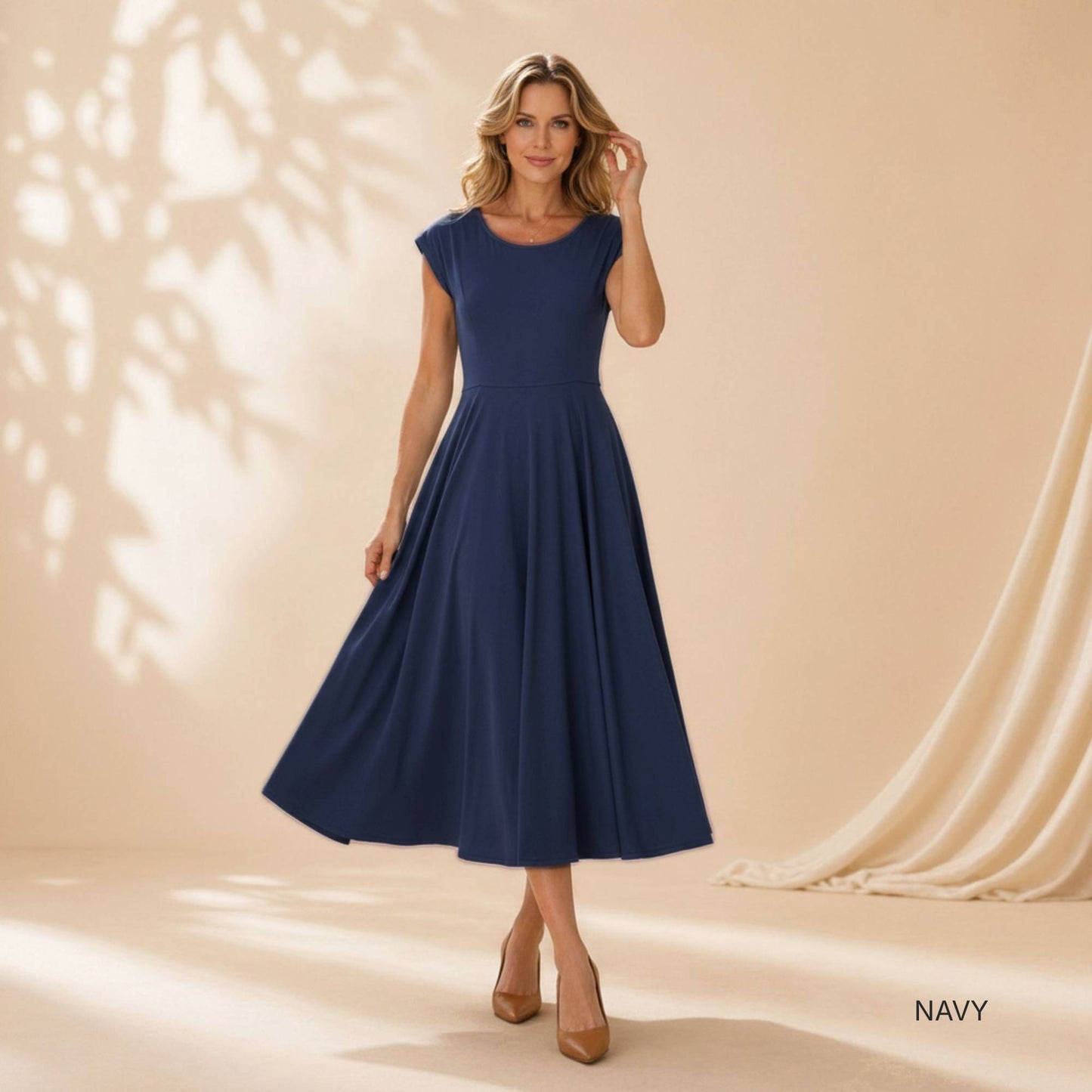 Flowy Cap Sleeve Midi Dress with Pockets