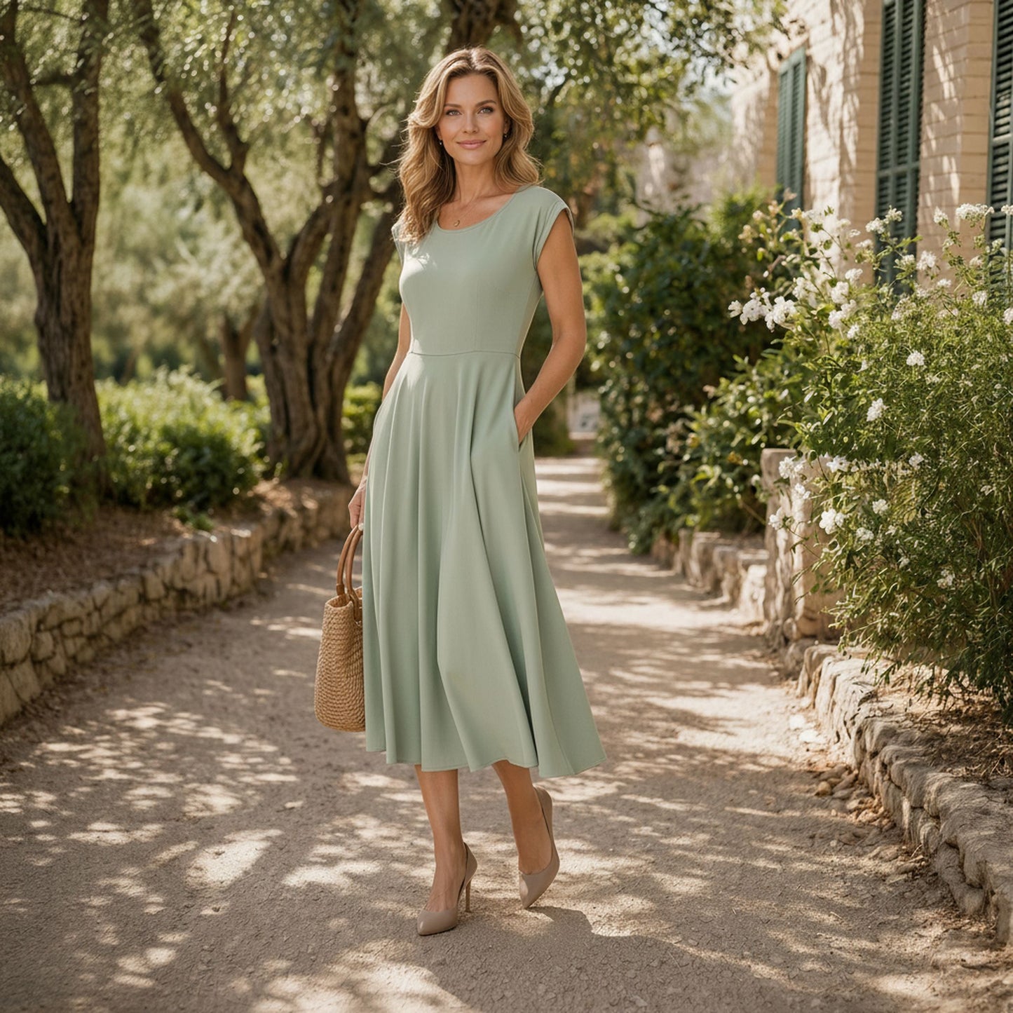 Flowy Cap Sleeve Midi Dress with Pockets
