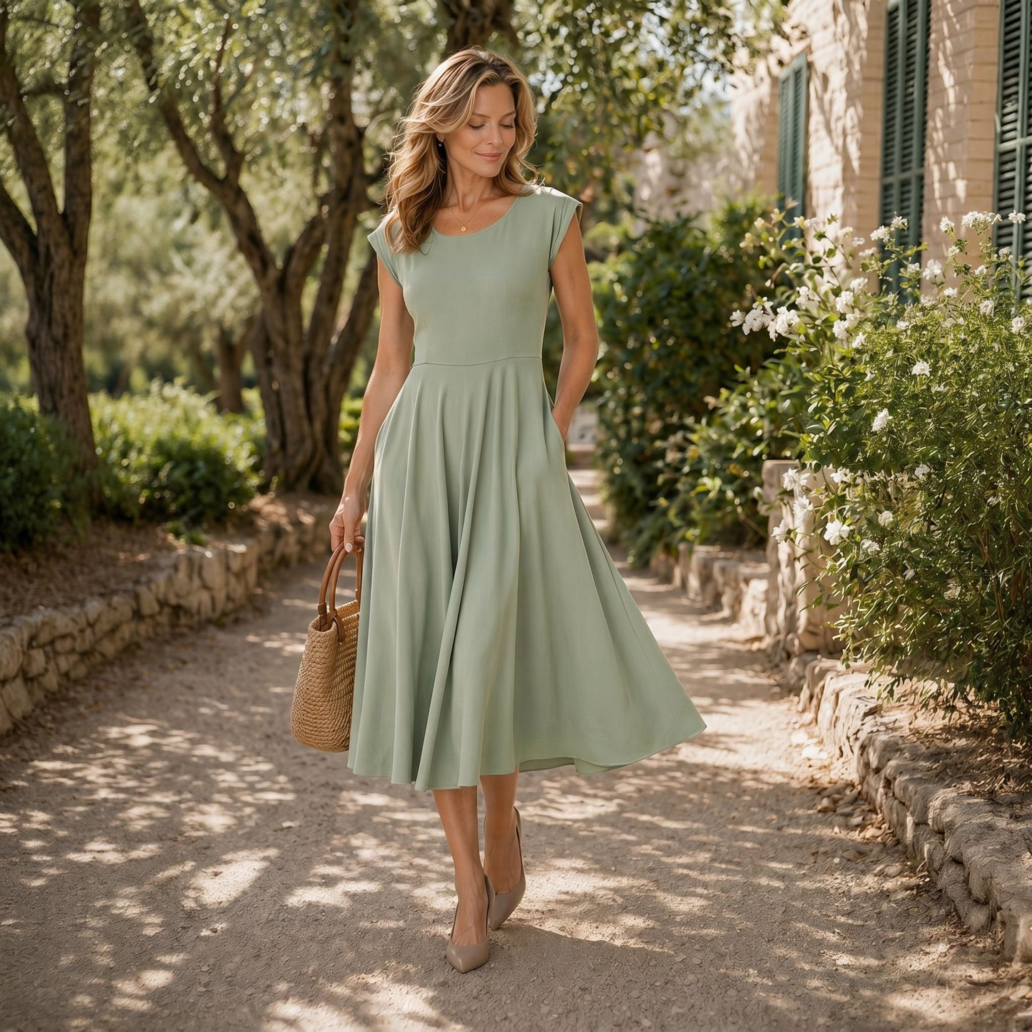 Flowy Cap Sleeve Midi Dress with Pockets