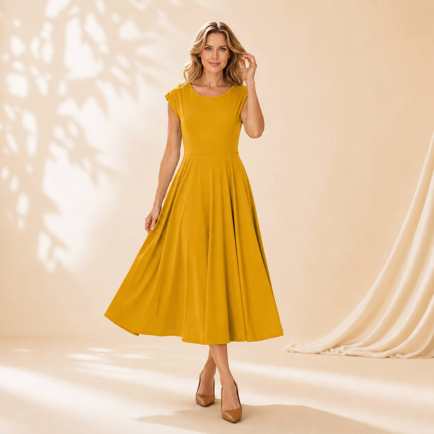 Flowy Cap Sleeve Midi Dress with Pockets