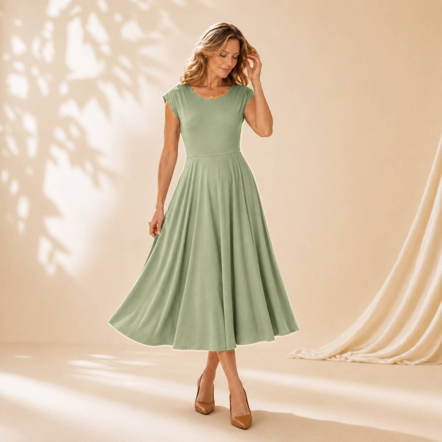 Flowy Cap Sleeve Midi Dress with Pockets