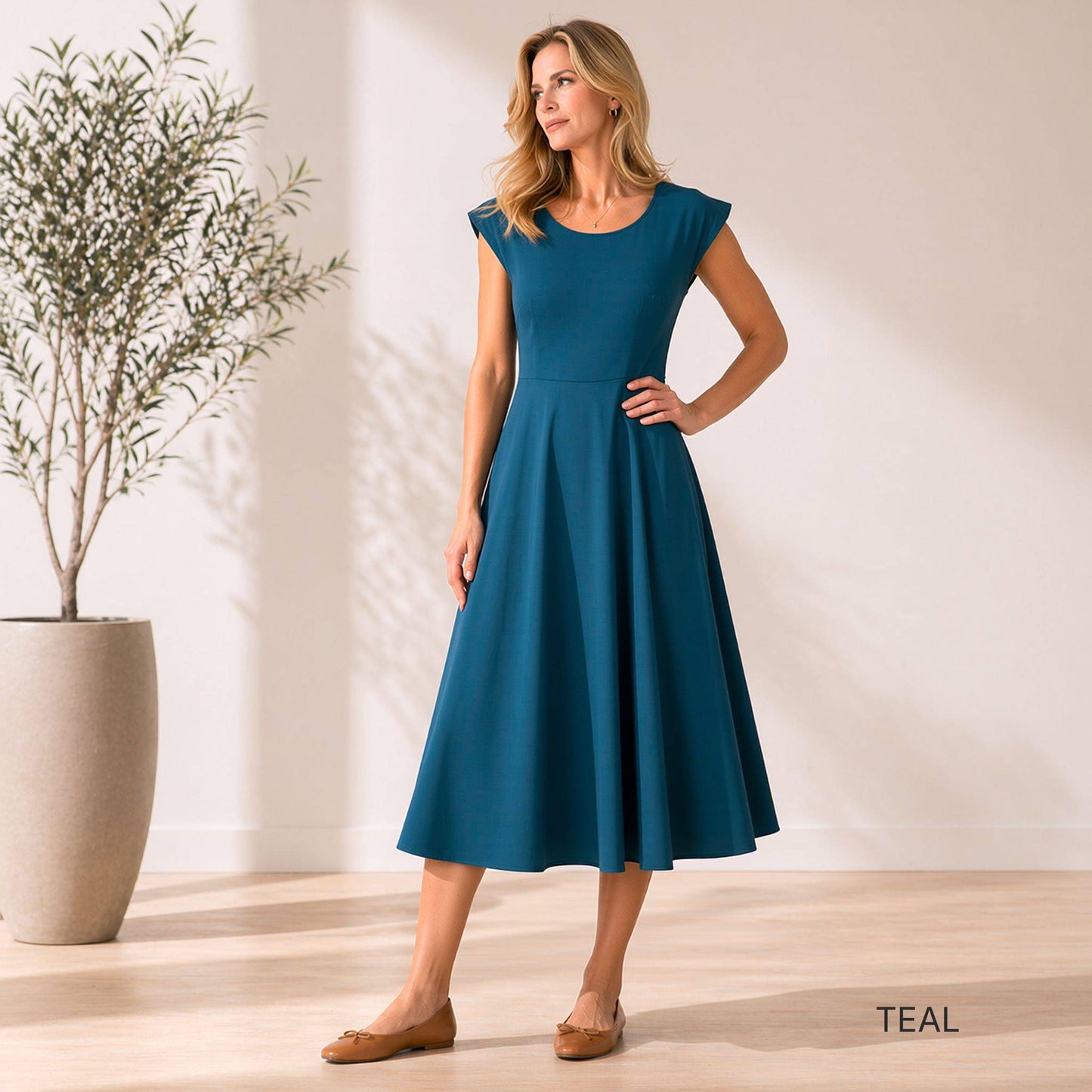 Flowy Cap Sleeve Midi Dress with Pockets