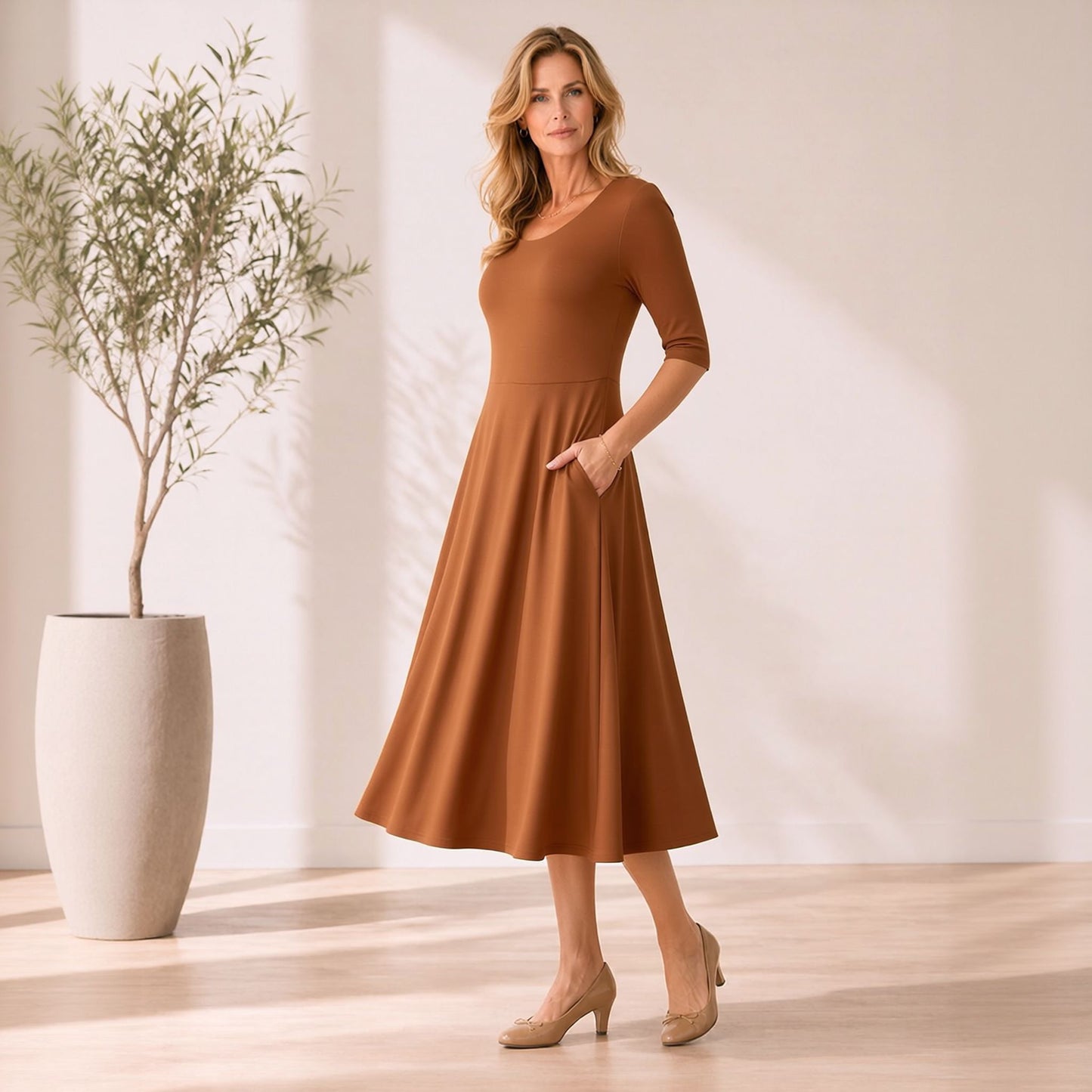 Flowy Midi Dress with Elbow Sleeves & Pockets