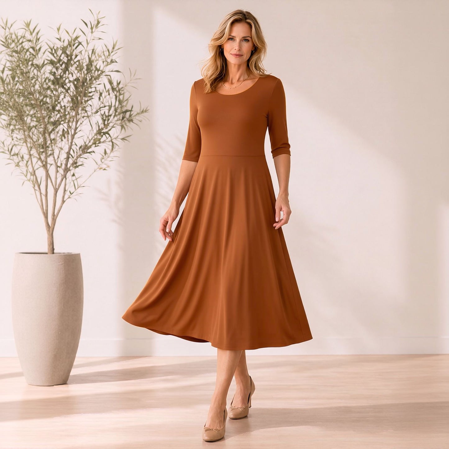 Flowy Midi Dress with Elbow Sleeves & Pockets