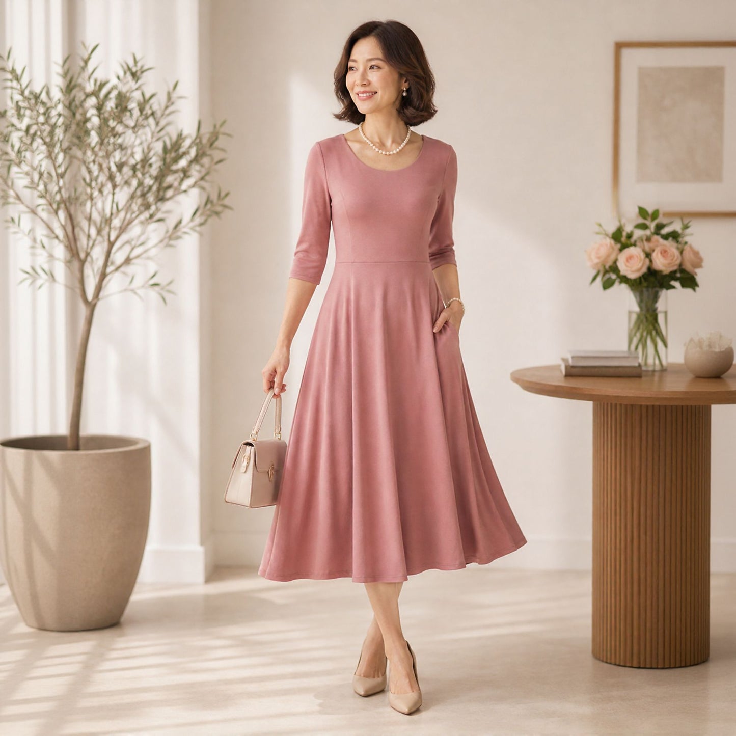 Flowy Midi Dress with Elbow Sleeves & Pockets
