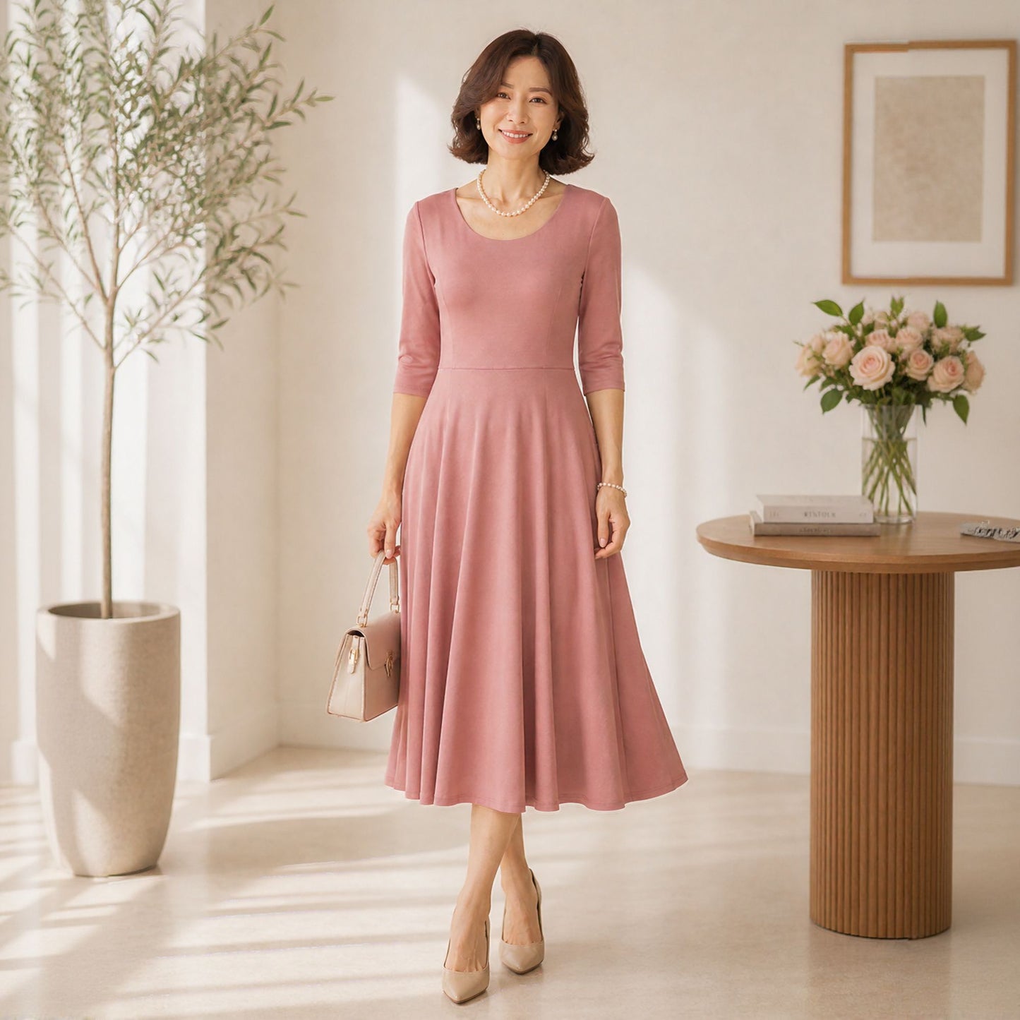 Flowy Midi Dress with Elbow Sleeves & Pockets