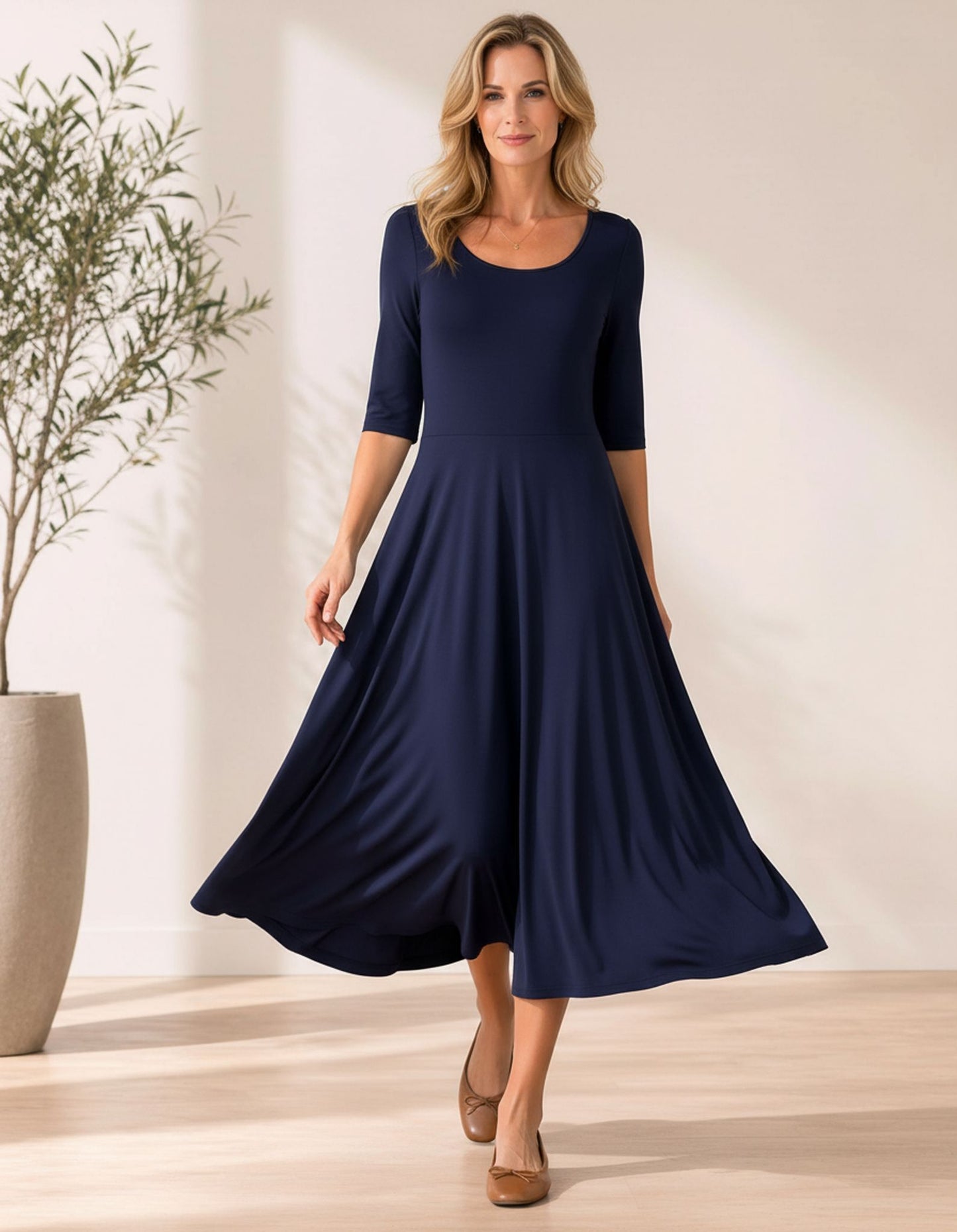 Flowy Midi Dress with Elbow Sleeves & Pockets