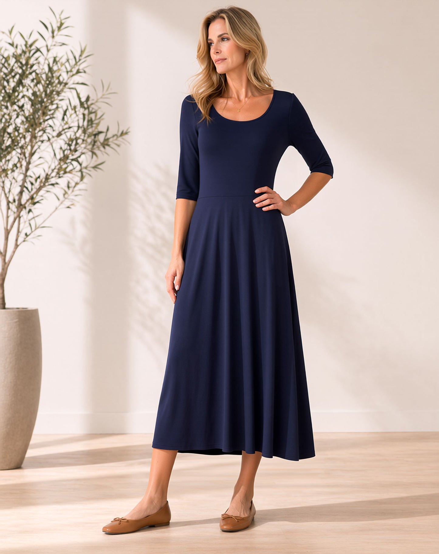 Flowy Midi Dress with Elbow Sleeves & Pockets